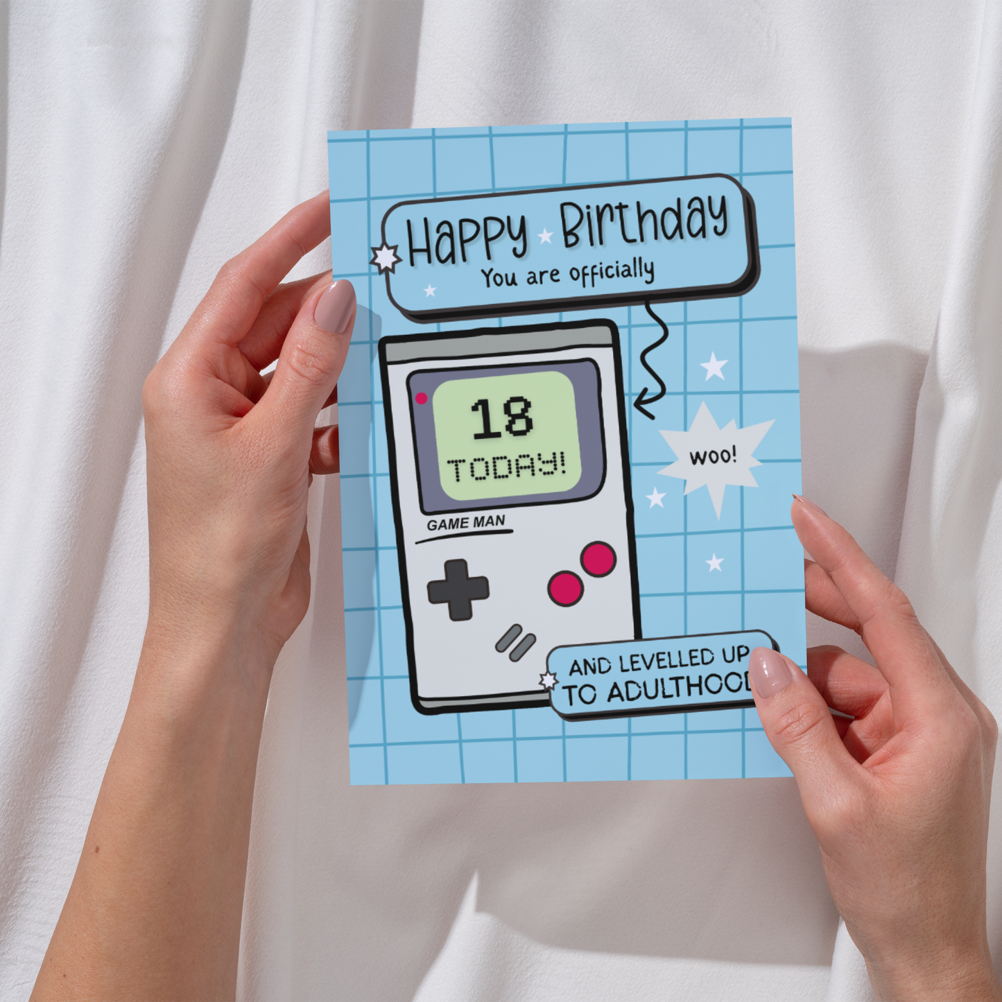 Happy 18th Birthday Card – Game boy Pun – Levelled Up to Adulthood – Milestone 18th Card for Him & Her – Gamer Birthday Greeting Card