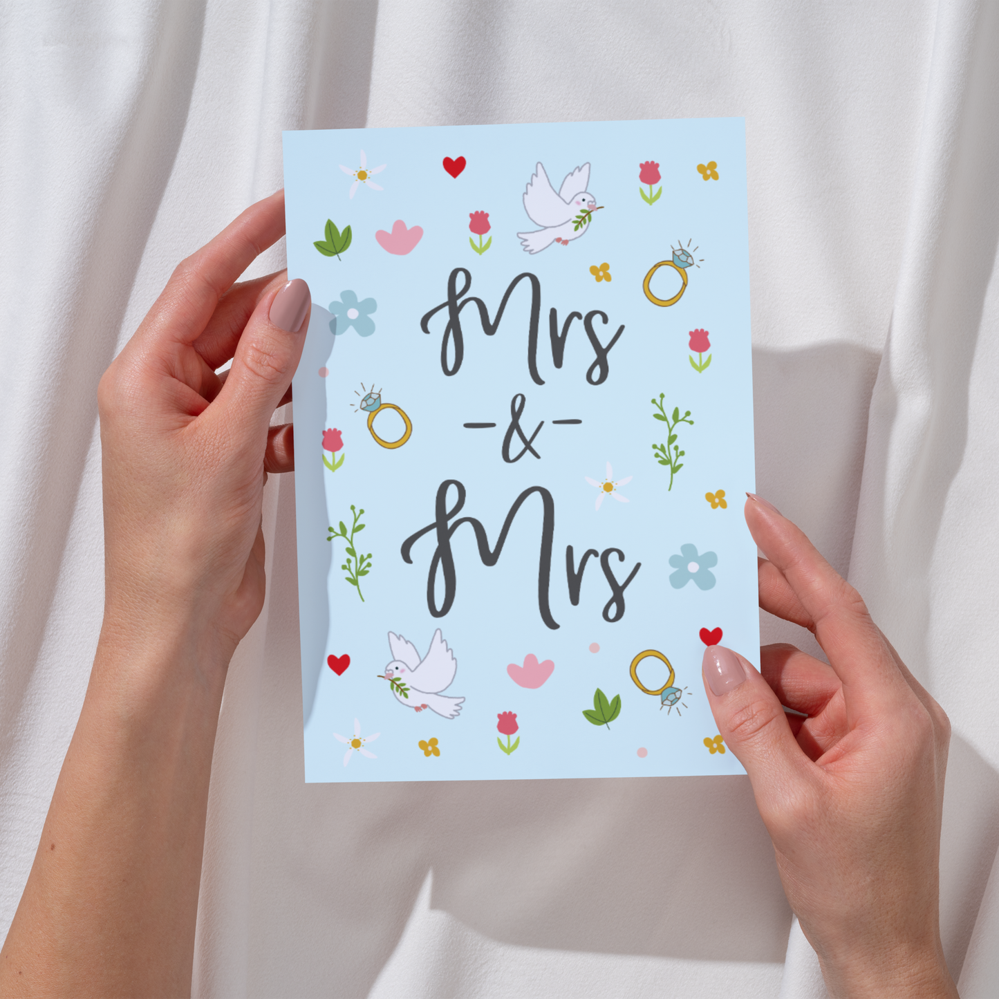 Mrs and Mrs Ditsy Floral Wedding Card - Pretty Flowers & Calligraphy - LGBTQ+ Wedding Card - Wedding Congratulations Card