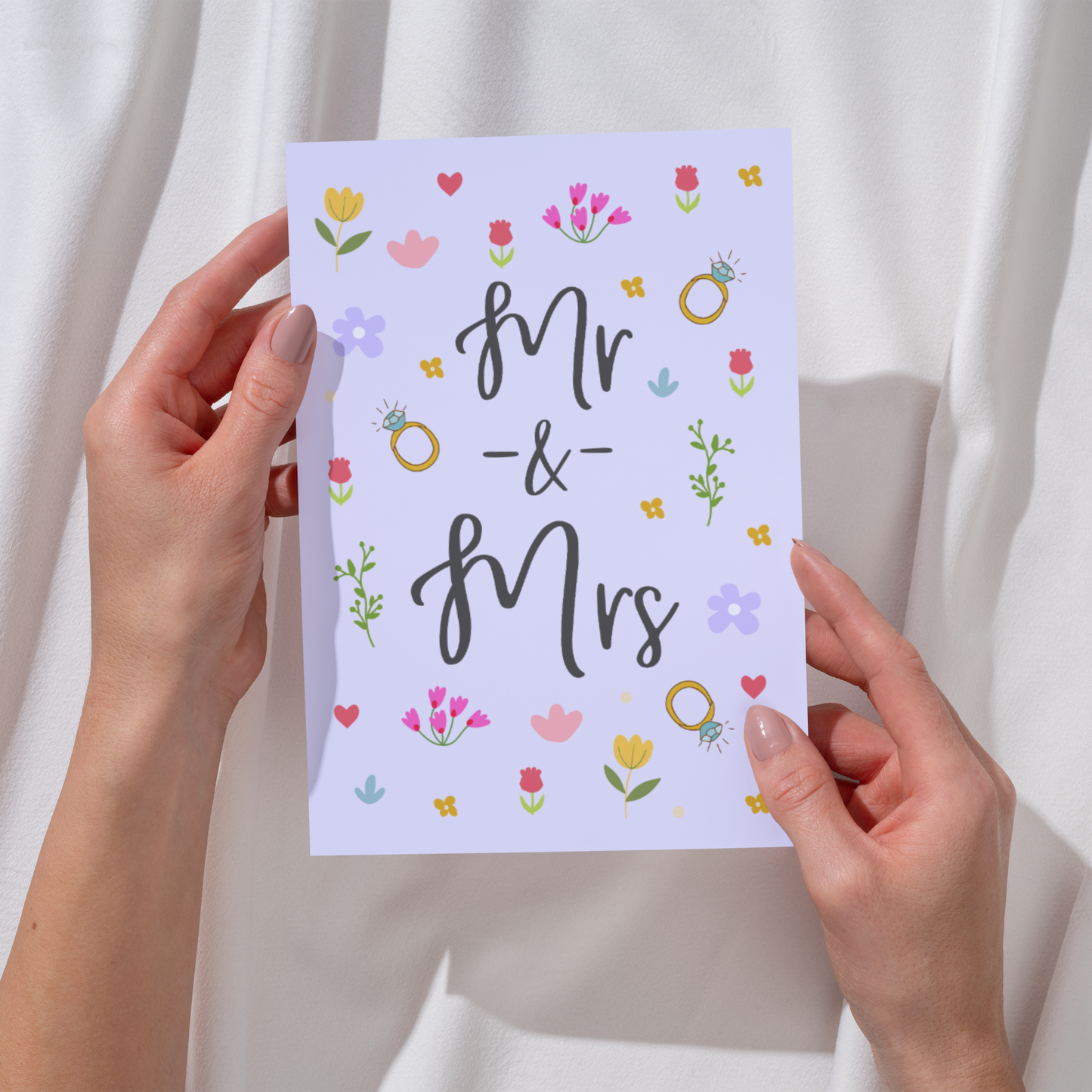 Mr and Mrs Ditsy Floral Wedding Card – Pretty Flowers & Elegant Calligraphy – Wedding Congratulations Card