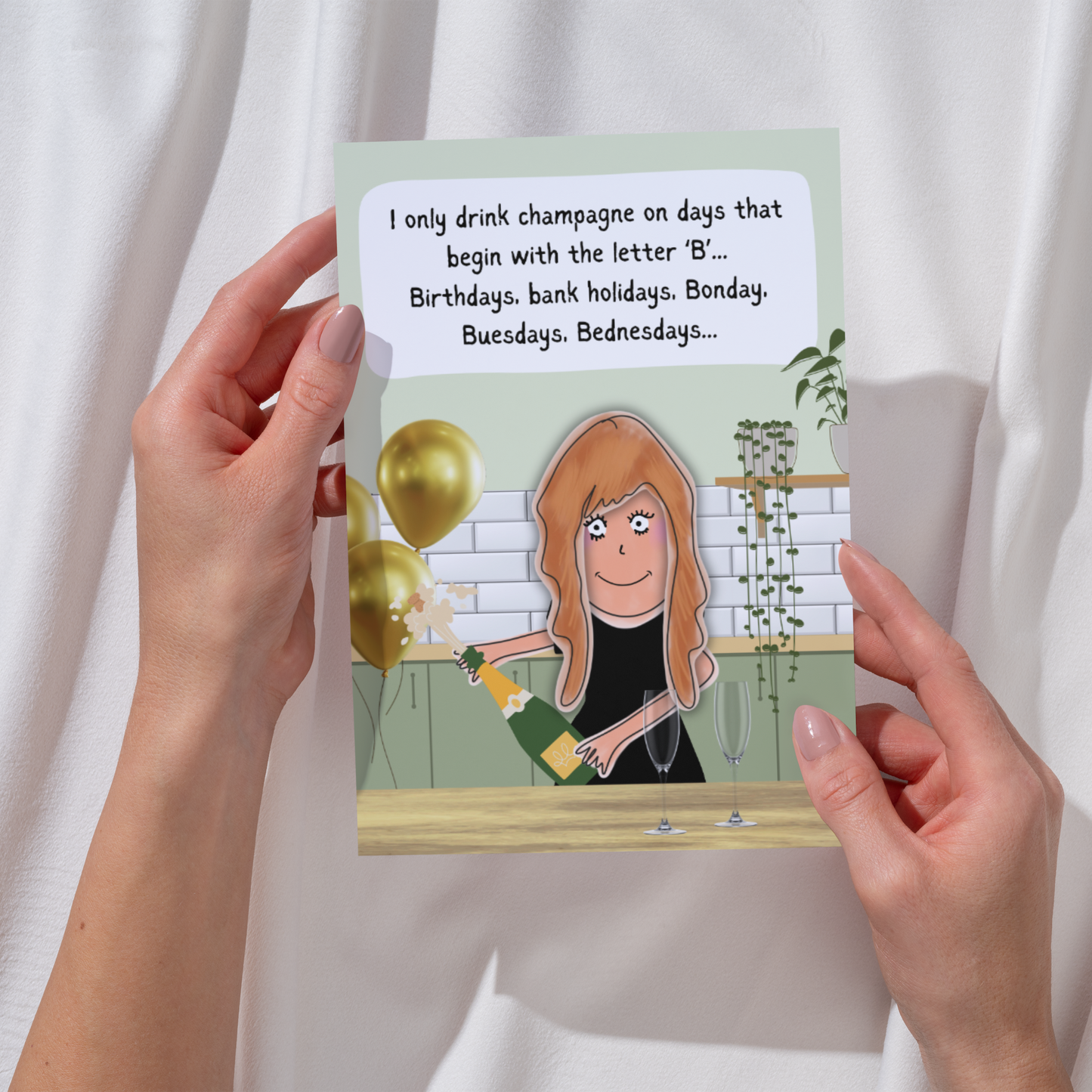 Funny Birthday Card — Champagne Popping Character — Humorous Banter Card for Him, Her, Friends — Witty Birthday Greeting