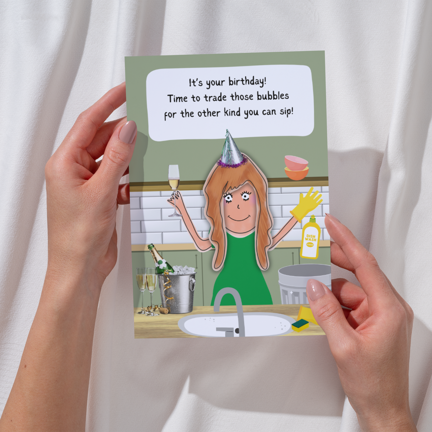 Funny Birthday Card – Swapping Washing Up Bubbles for Champagne Bubbles! – Humour Card for Her – For Friends – Birthday Girl Card – Humorous Birthday Card