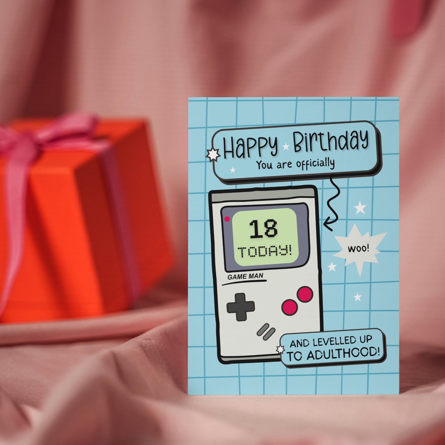 Happy 18th Birthday Card – Game boy Pun – Levelled Up to Adulthood – Milestone 18th Card for Him & Her – Gamer Birthday Greeting Card