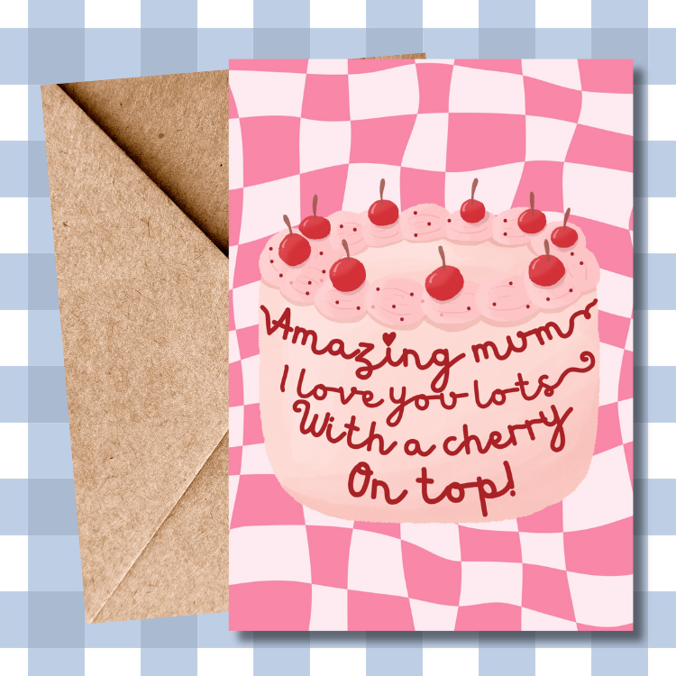 Pretty Contemporary Cherry Cake Mother's Day Card | love you lots | Unique Greeting Card for Mum | Feminine Birthday Card | Sweet Treat Card