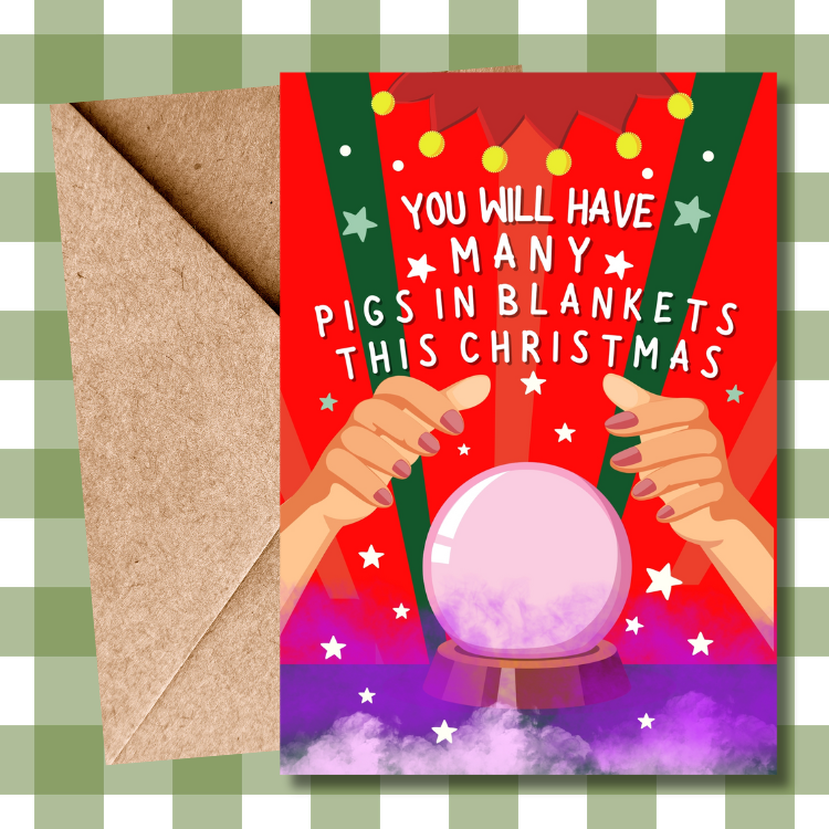 Funny Pigs in Blankets Cartoon illustrated Christmas Dinner Psychic Tarot Reading Christmas Card For him For her For them For best friend