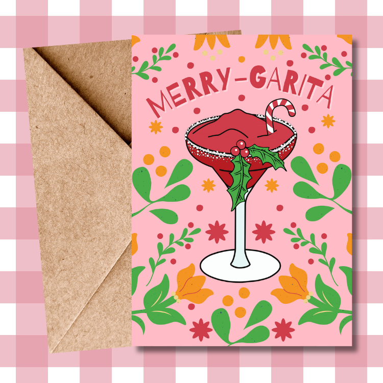 Cheerful Margarita Cheers Card, Unique Handmade Christmas Greeting, Festive Gift for Anyone