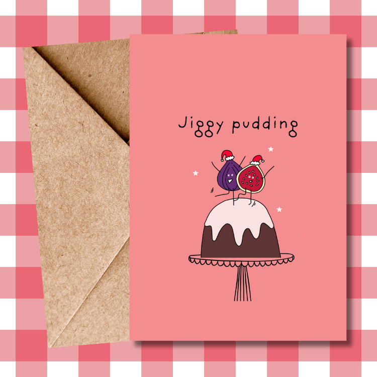 Funny Cartoon Christmas pudding pun inspired Christmas Card for him for her for friends for family for figgy pudding fans