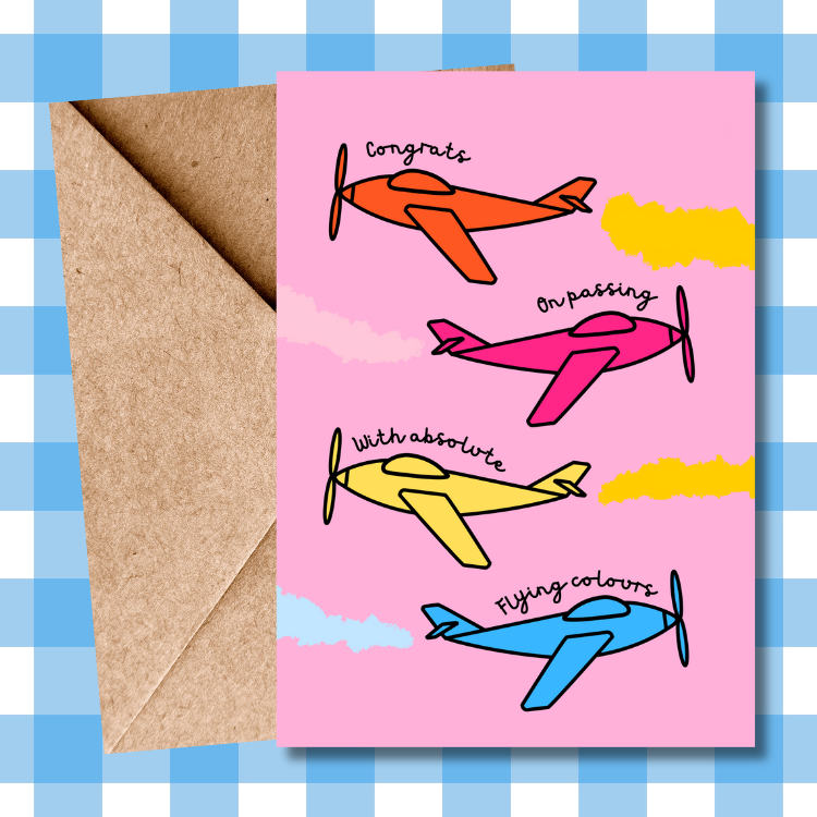Exam Congratulations Card - Passing with Flying Colours - Cute Colourful Planes Design - Greeting Card