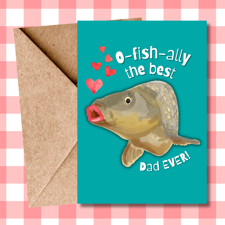 Funny Fish Illustration Father's Day Card – "O-Fish-ally the Best Dad" – Humorous Greeting Card for Dad