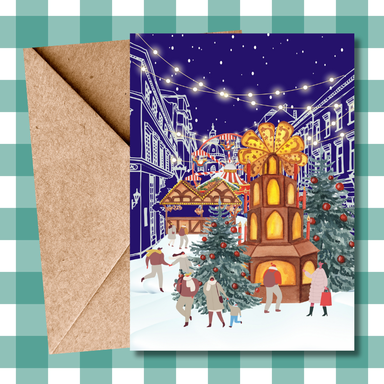 Classic Christmas Market Greeting Card, Festive Holiday Card, Winter Scene Card, Seasonal - Gift for Mum, Gift for her, Gift for him