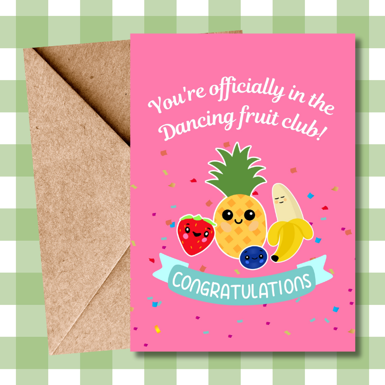 Viral Dancing Fruit Baby Congratulations Card | Perfect for Mum-to-Be | Adorable Pink Greeting Card for Him & Her | New Baby Wishes
