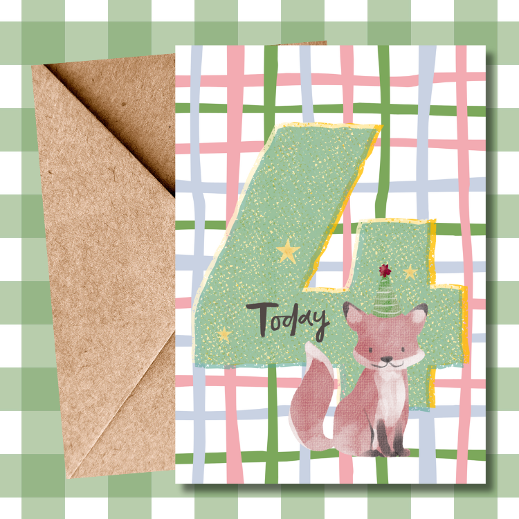 Cute Woodland Animal Fox 4th Birthday Greeting Card for Kids | Adorable Children's Birthday Card