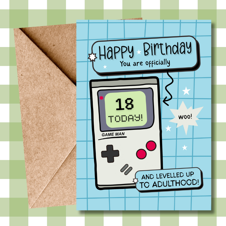 Happy 18th Birthday Card – Game boy Pun – Levelled Up to Adulthood – Milestone 18th Card for Him & Her – Gamer Birthday Greeting Card