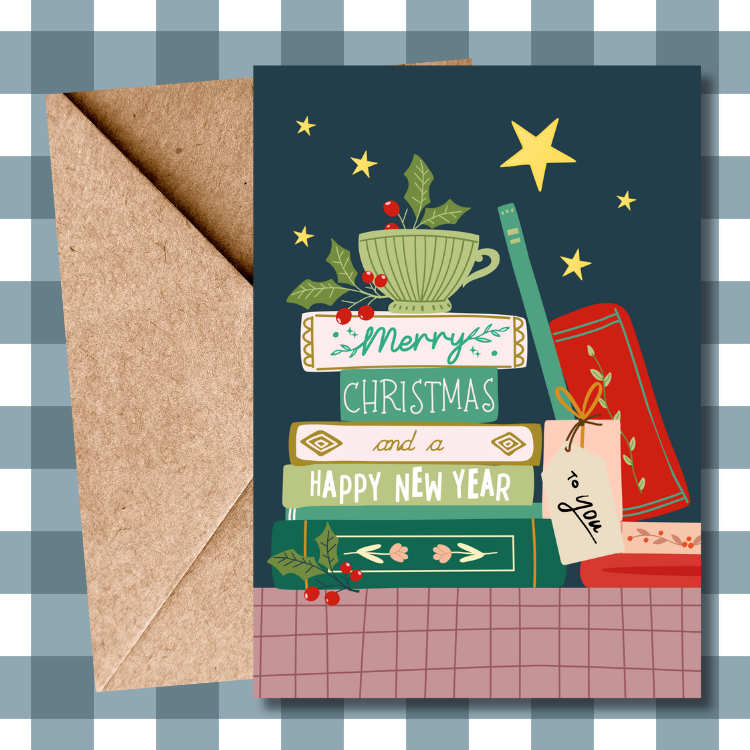 Happy Christmas To You Card | Nostalgic Cute Stacked Books Christmas Card for Her & Him | Christmas Greeting Card