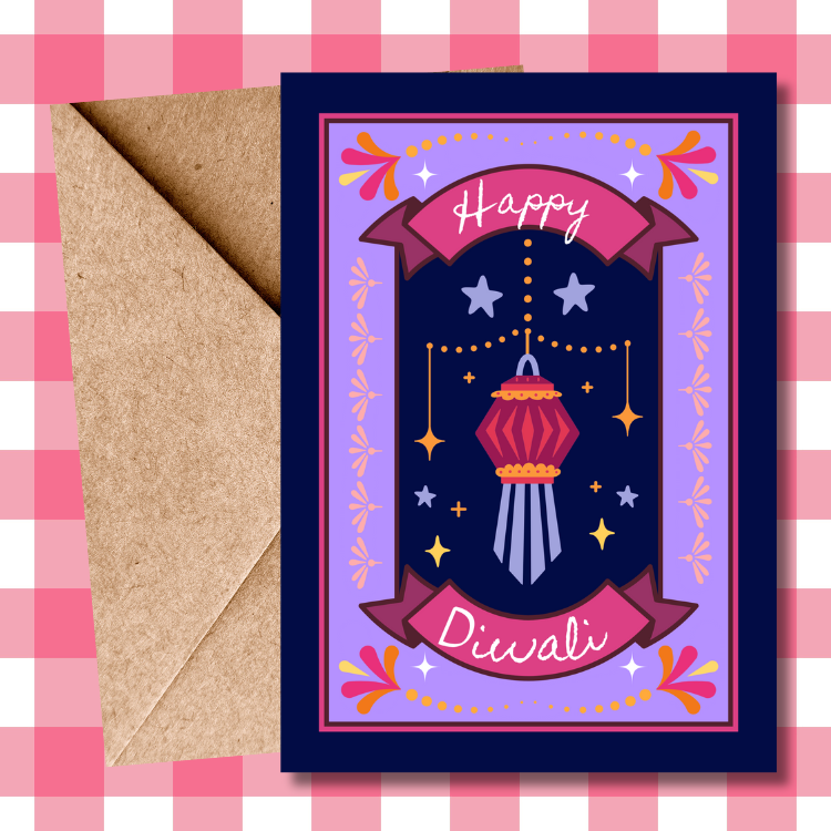 Happy Diwali Greeting Card – Colourful Hanging Lantern Card – Diwali Celebration Card – Festival of Lights Card – Diwali Wishes Card