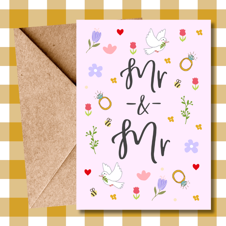 Mr and Mr Wedding Card | Ditsy Floral Calligraphy Card | LGBTQ+ Wedding Congratulations