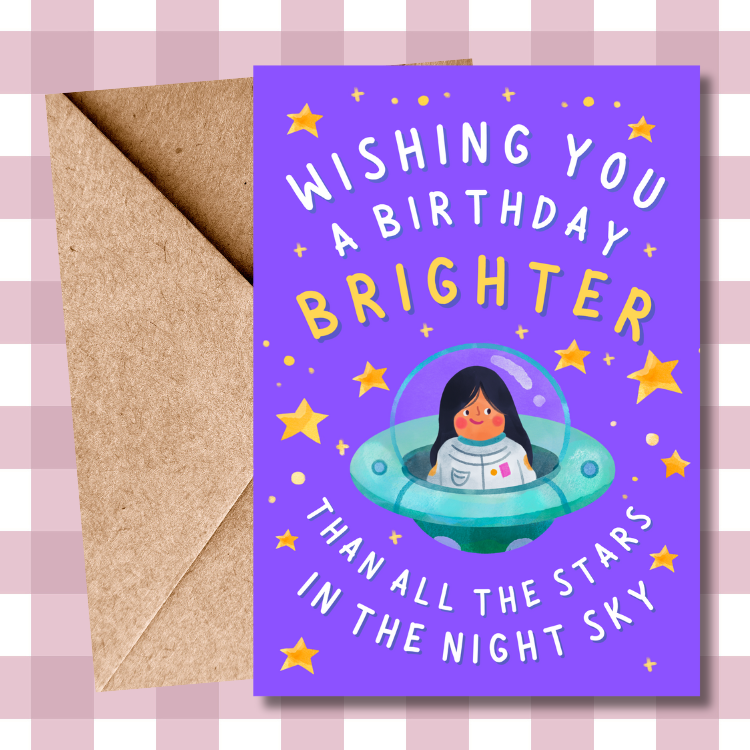 Little Girl Birthday Card – Astronaut & Star Illustration – Wishing You a Birthday Brighter Than the Stars in the Night Sky