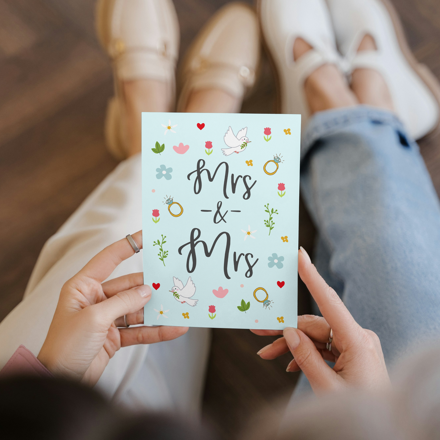 Mrs and Mrs Ditsy Floral Wedding Card - Pretty Flowers & Calligraphy - LGBTQ+ Wedding Card - Wedding Congratulations Card