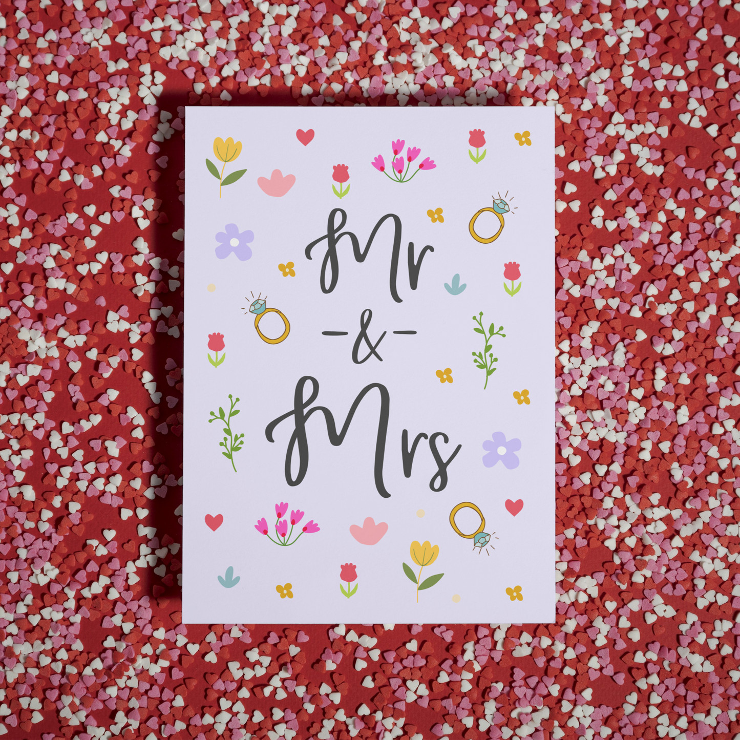 Mr and Mrs Ditsy Floral Wedding Card – Pretty Flowers & Elegant Calligraphy – Wedding Congratulations Card