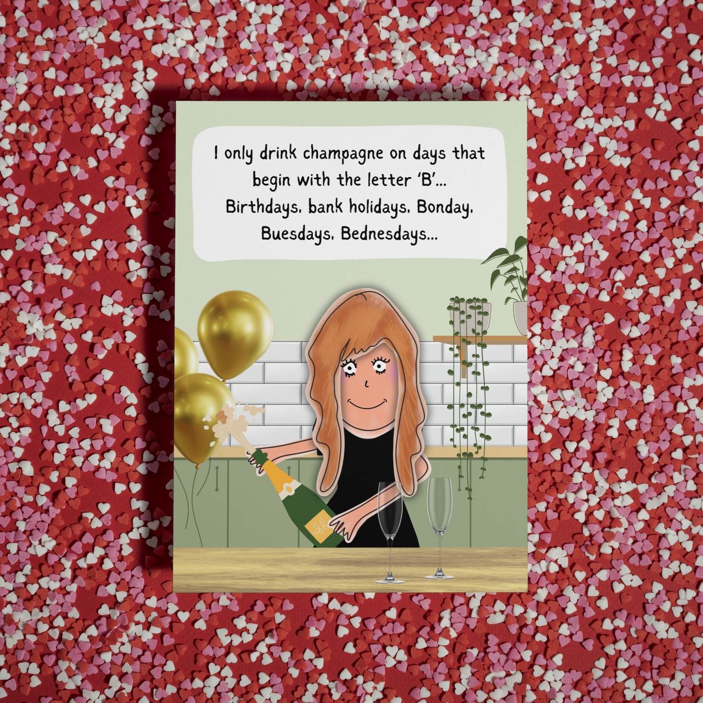 Funny Birthday Card — Champagne Popping Character — Humorous Banter Card for Him, Her, Friends — Witty Birthday Greeting