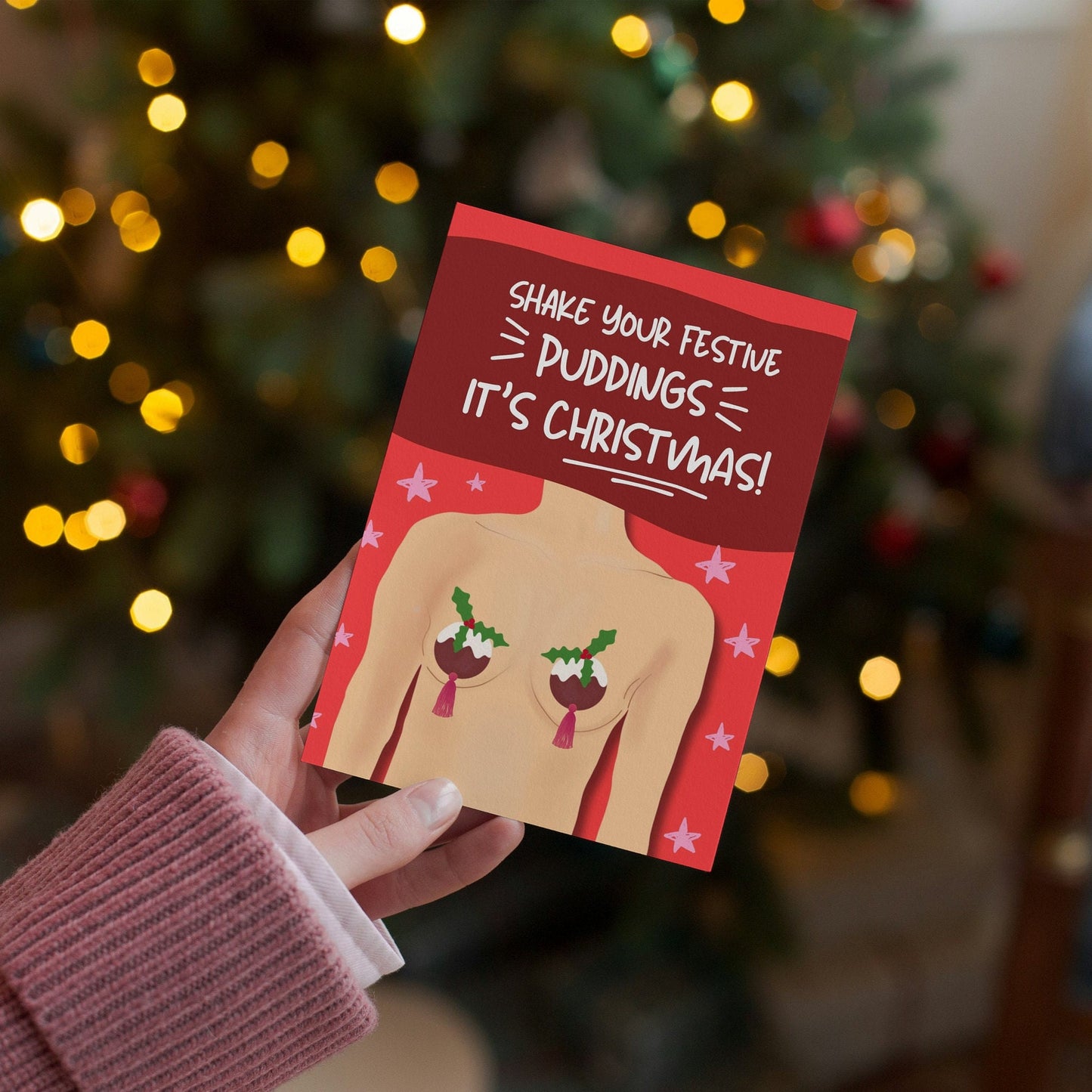 Christmas puddings, nipple tassel, cheeky, shake your puddings Christmas Greeting Card
