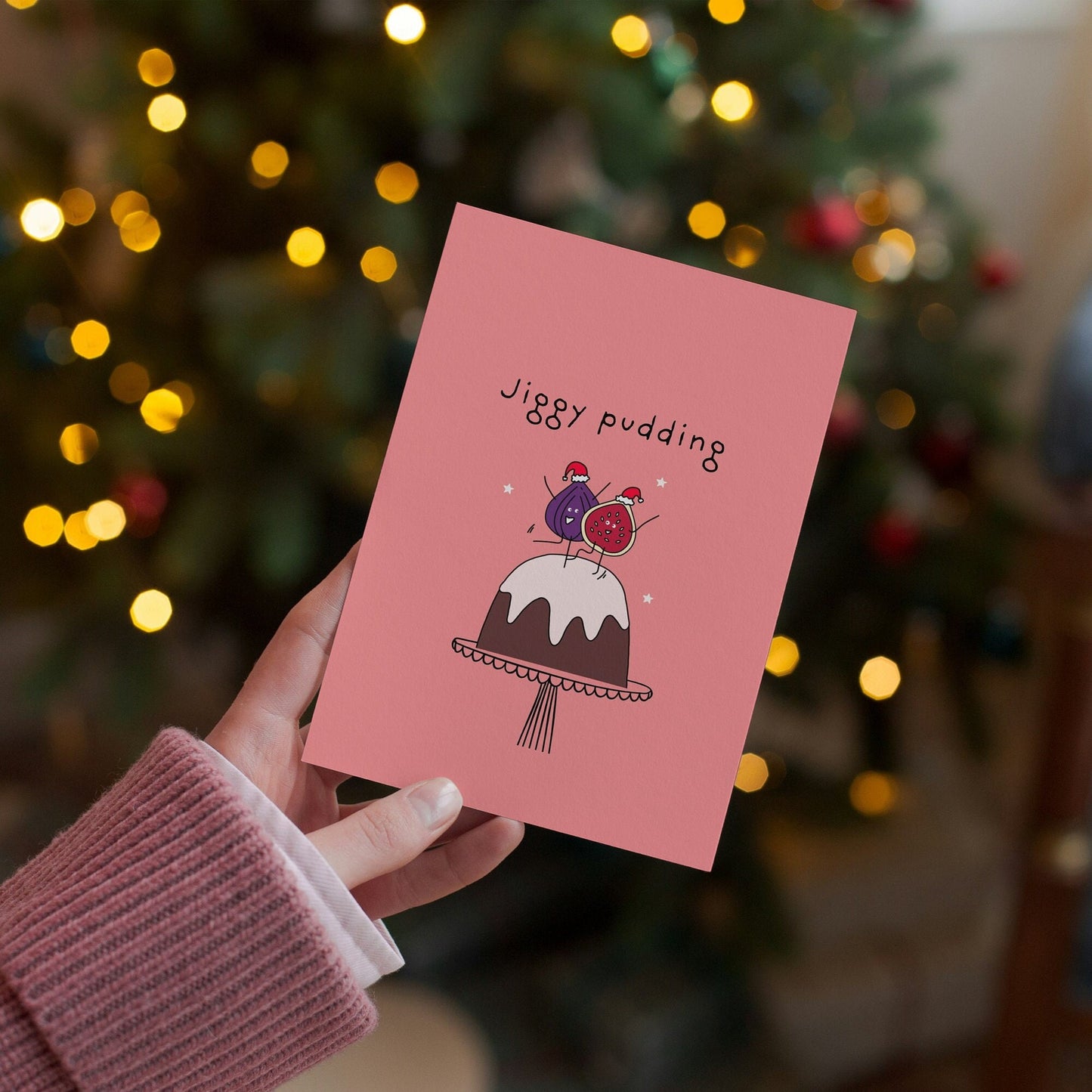 Funny Cartoon Christmas pudding pun inspired Christmas Card for him for her for friends for family for figgy pudding fans