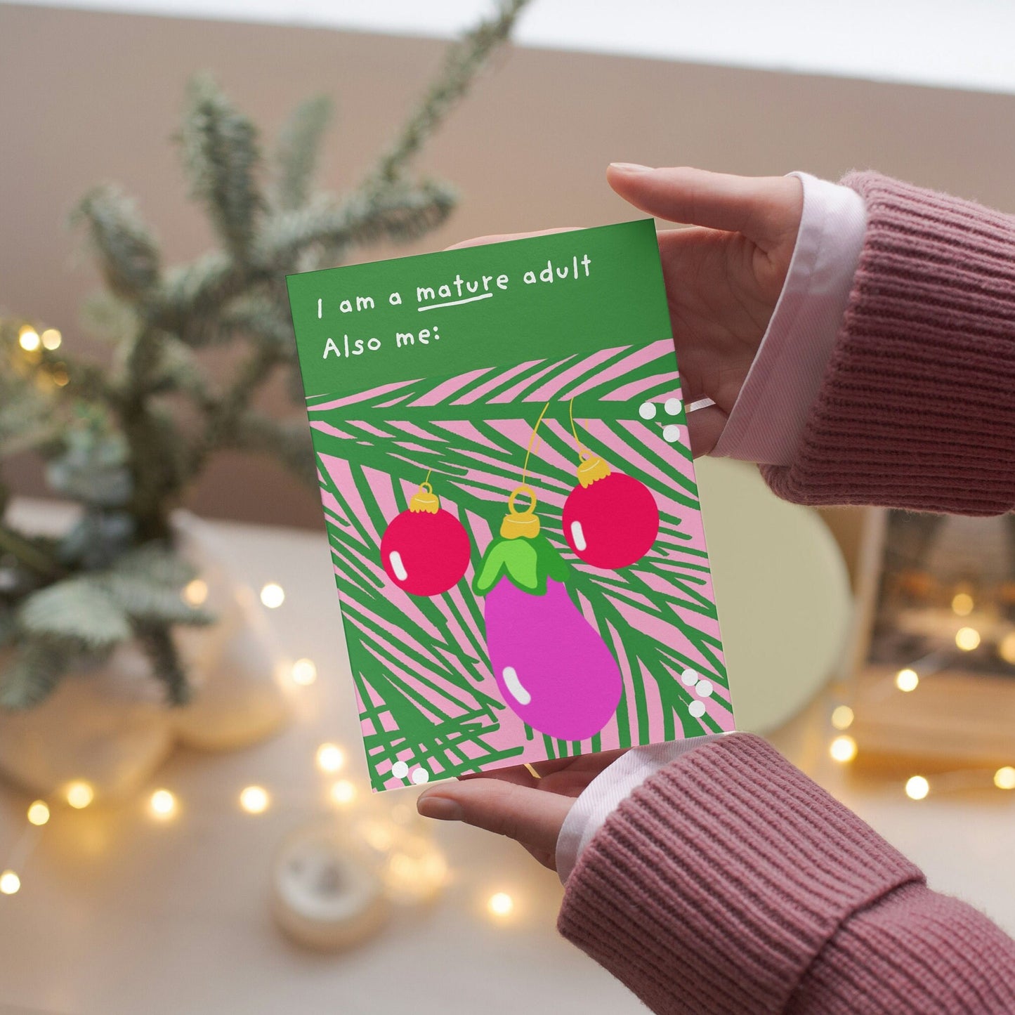Festive Greetings Card with Playful Bauble Penis and Balls Illustration - Cheeky rude Christmas card for him, gift for her, gift for friend