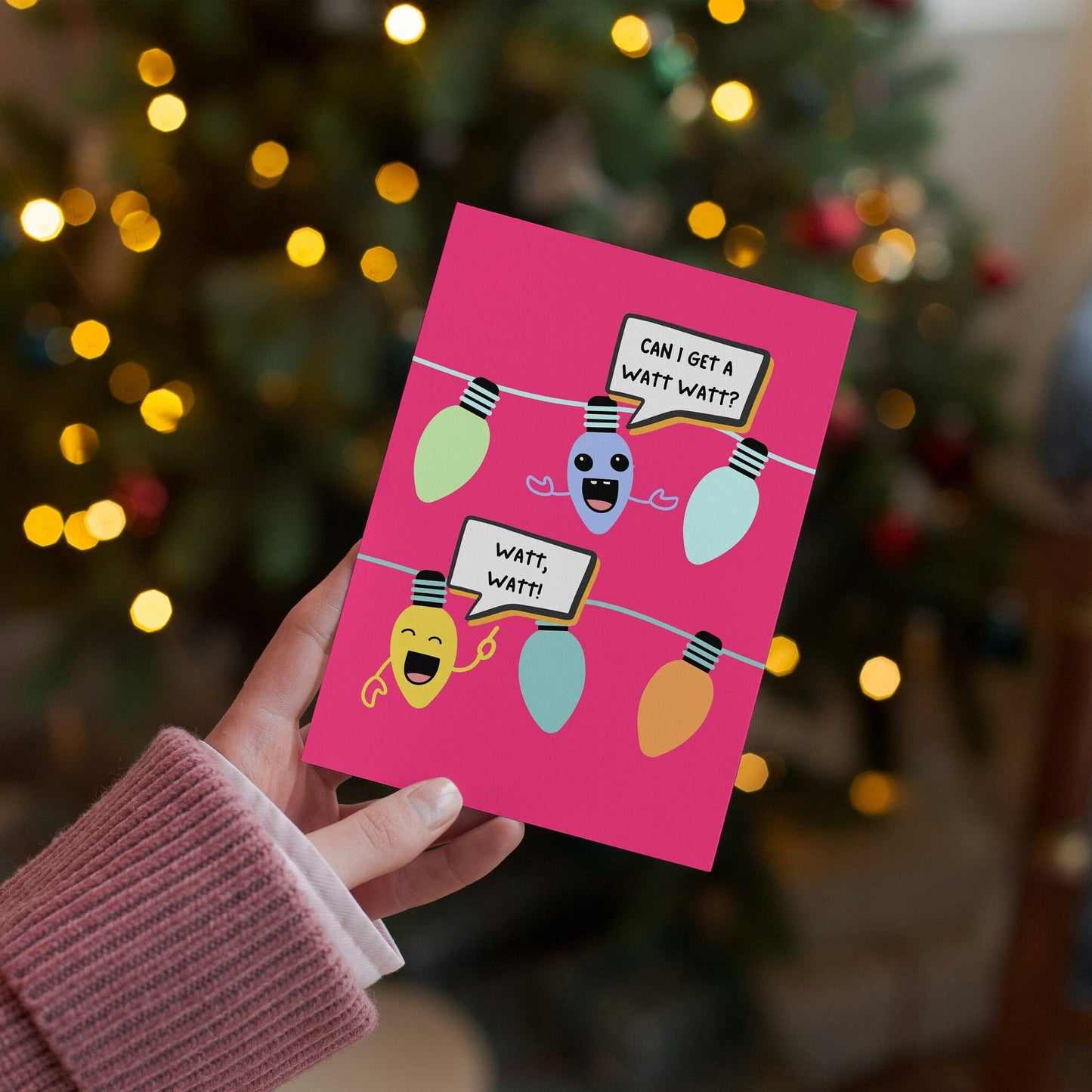 Funny Christmas Lights Greeting Card "Can I Get a Watt Watt", Festive Card, Holiday Card, Humorous Xmas Card - For husband, For Wife