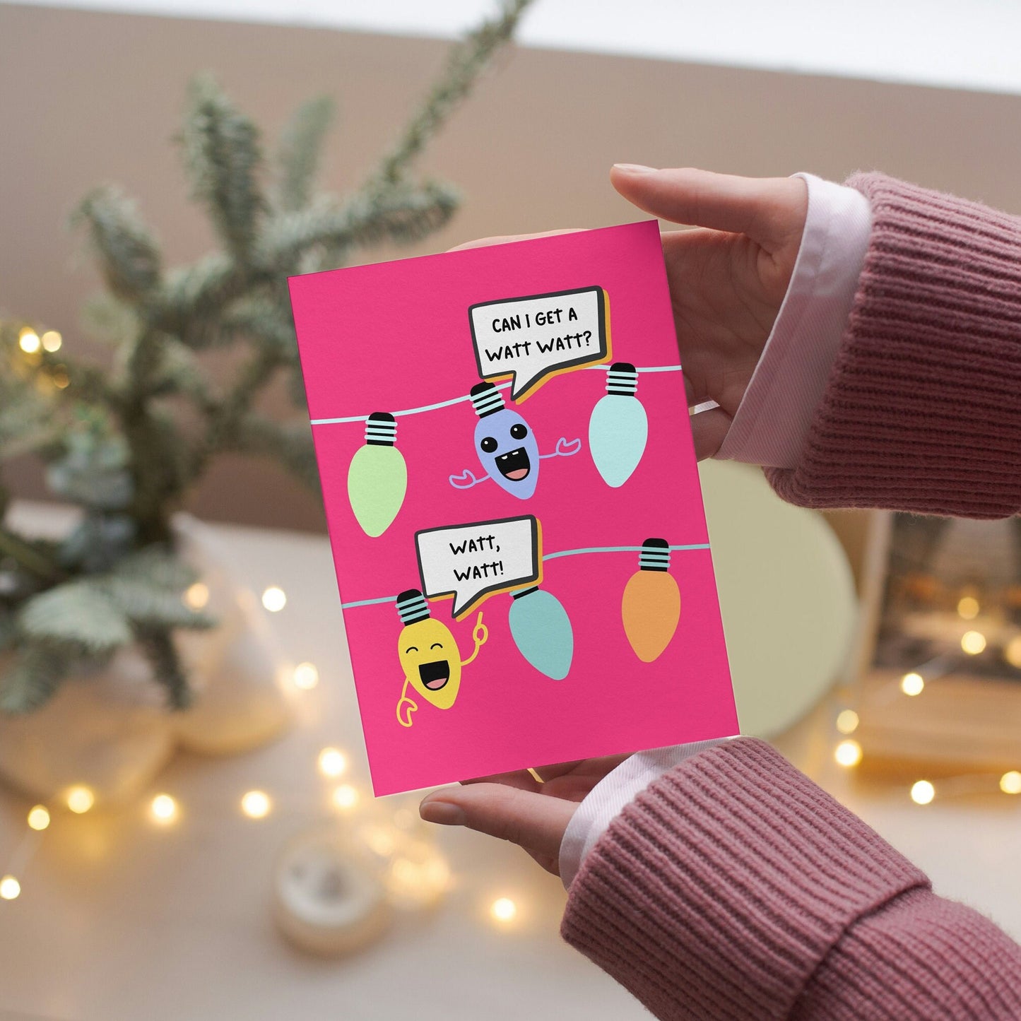 Funny Christmas Lights Greeting Card "Can I Get a Watt Watt", Festive Card, Holiday Card, Humorous Xmas Card - For husband, For Wife
