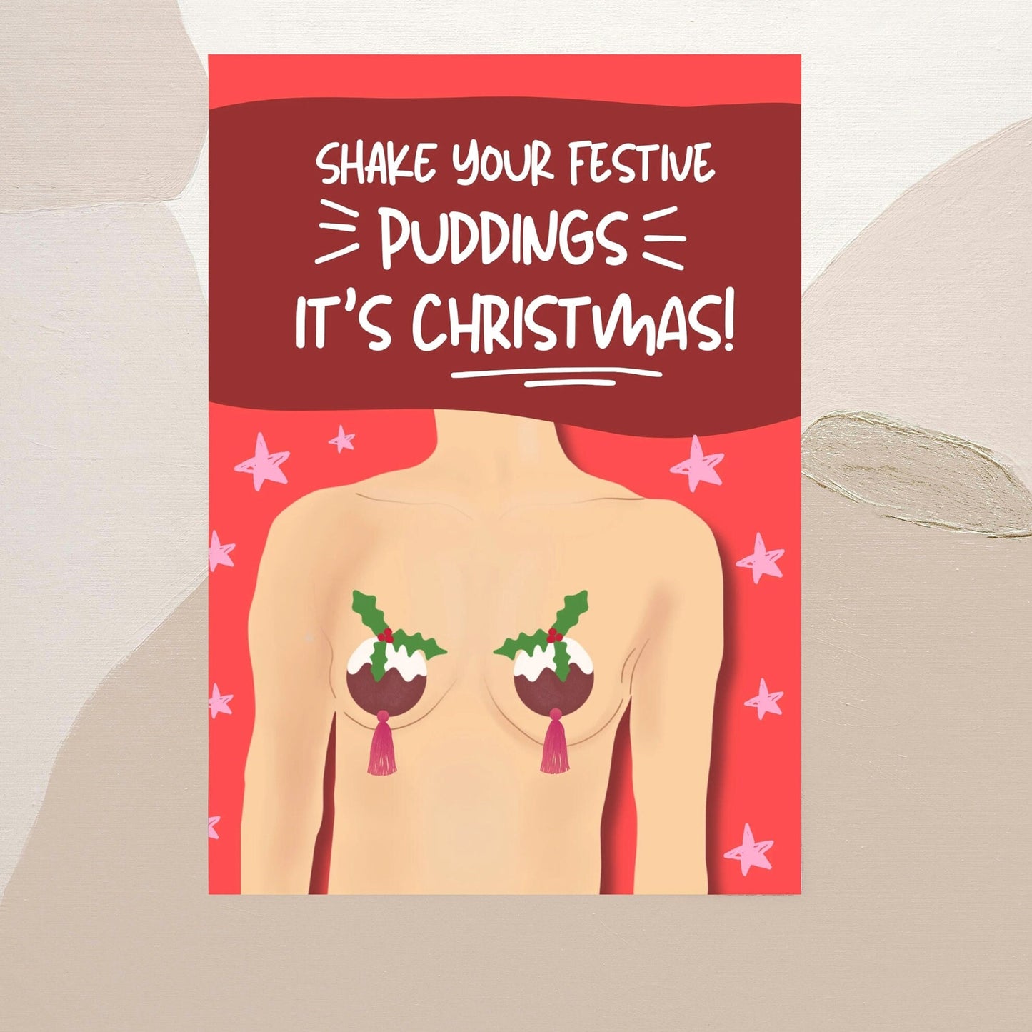 Christmas puddings, nipple tassel, cheeky, shake your puddings Christmas Greeting Card