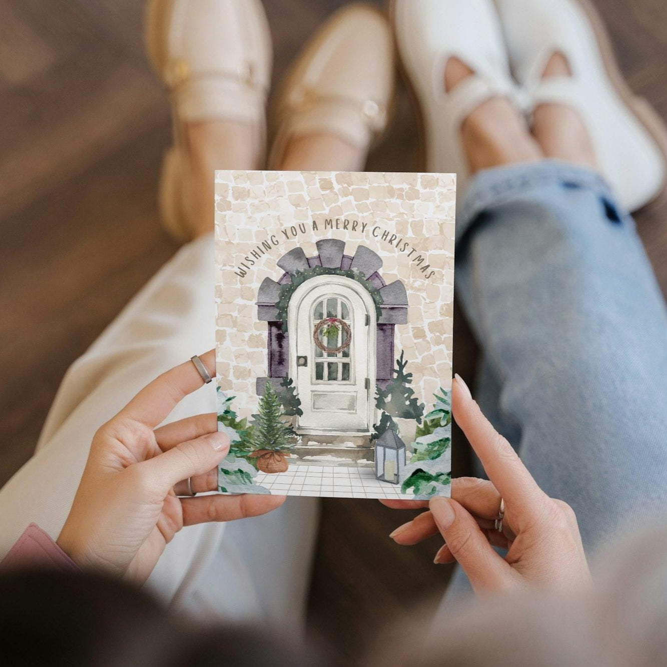 Charming Holiday Front Door Christmas Card, Festive Wreath Greeting Card, Merry Christmas & Happy New Year Card, Beautiful Seasonal Card