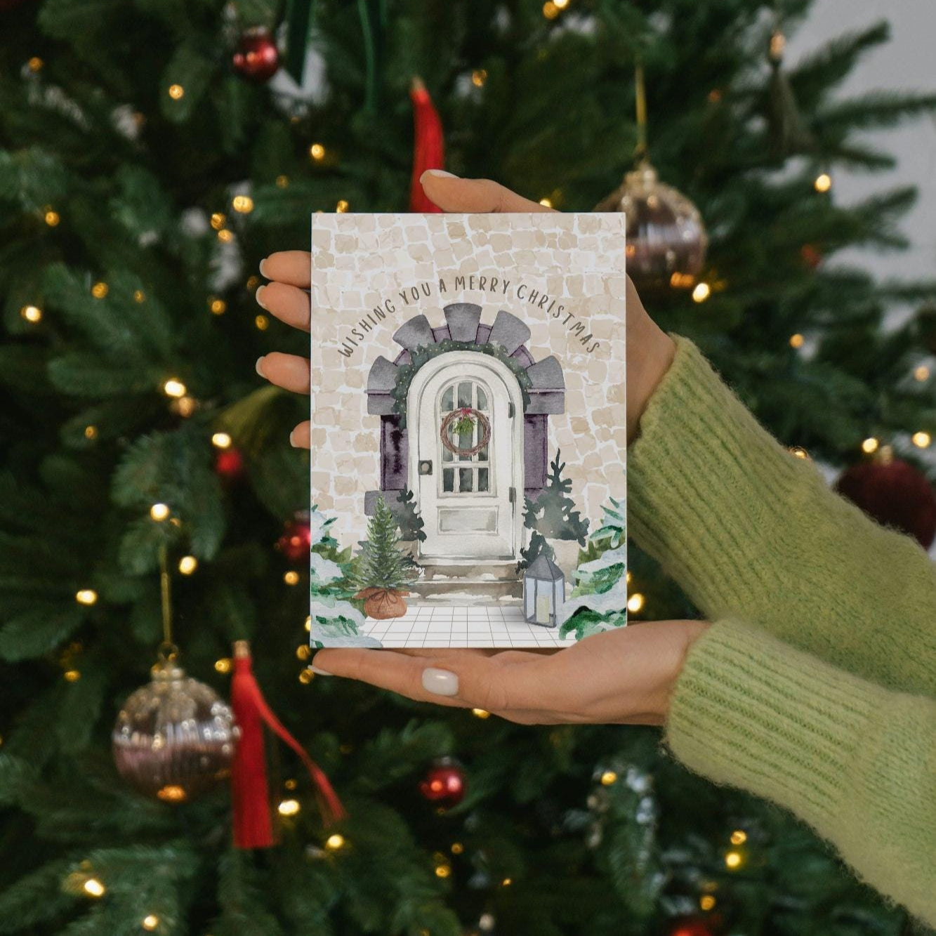 Charming Holiday Front Door Christmas Card, Festive Wreath Greeting Card, Merry Christmas & Happy New Year Card, Beautiful Seasonal Card