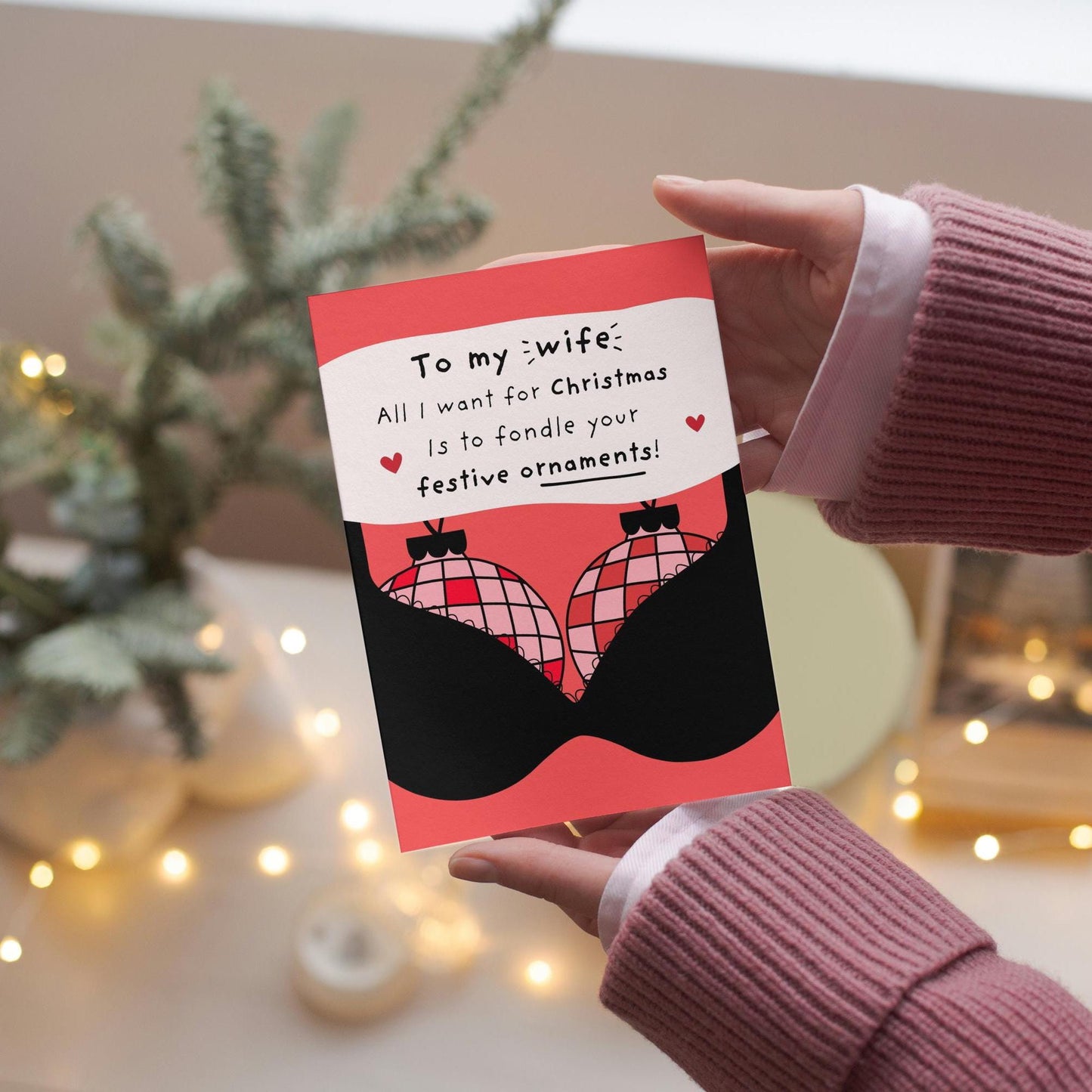 Funny Christmas Card for Wife, Rude Baubles Illustration, Humorous Holiday Card with Cheeky Banter from Husband