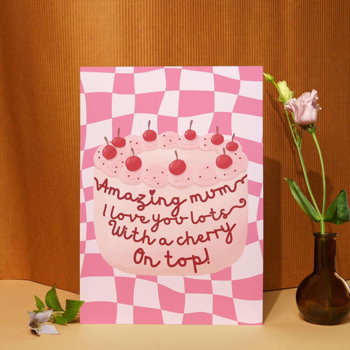 Pretty Contemporary Cherry Cake Mother's Day Card | love you lots | Unique Greeting Card for Mum | Feminine Birthday Card | Sweet Treat Card