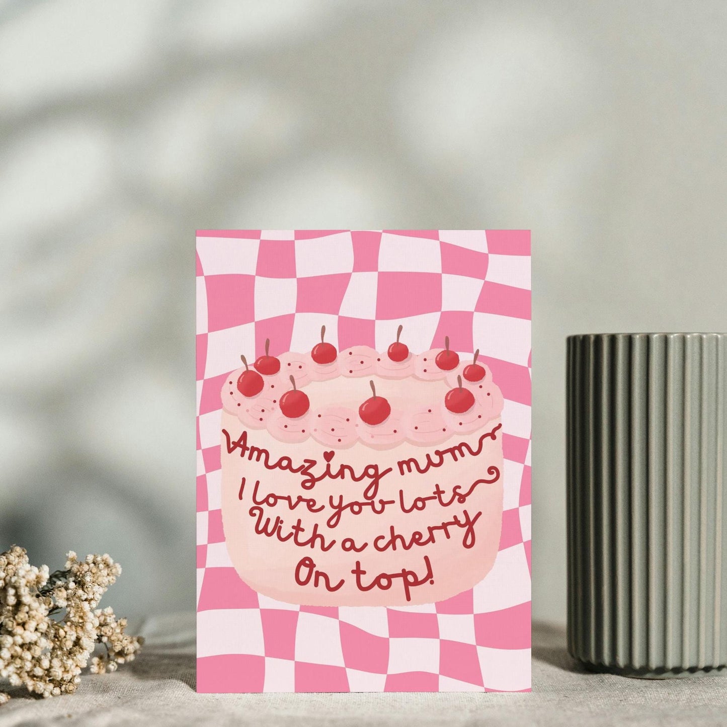 Pretty Contemporary Cherry Cake Mother's Day Card | love you lots | Unique Greeting Card for Mum | Feminine Birthday Card | Sweet Treat Card