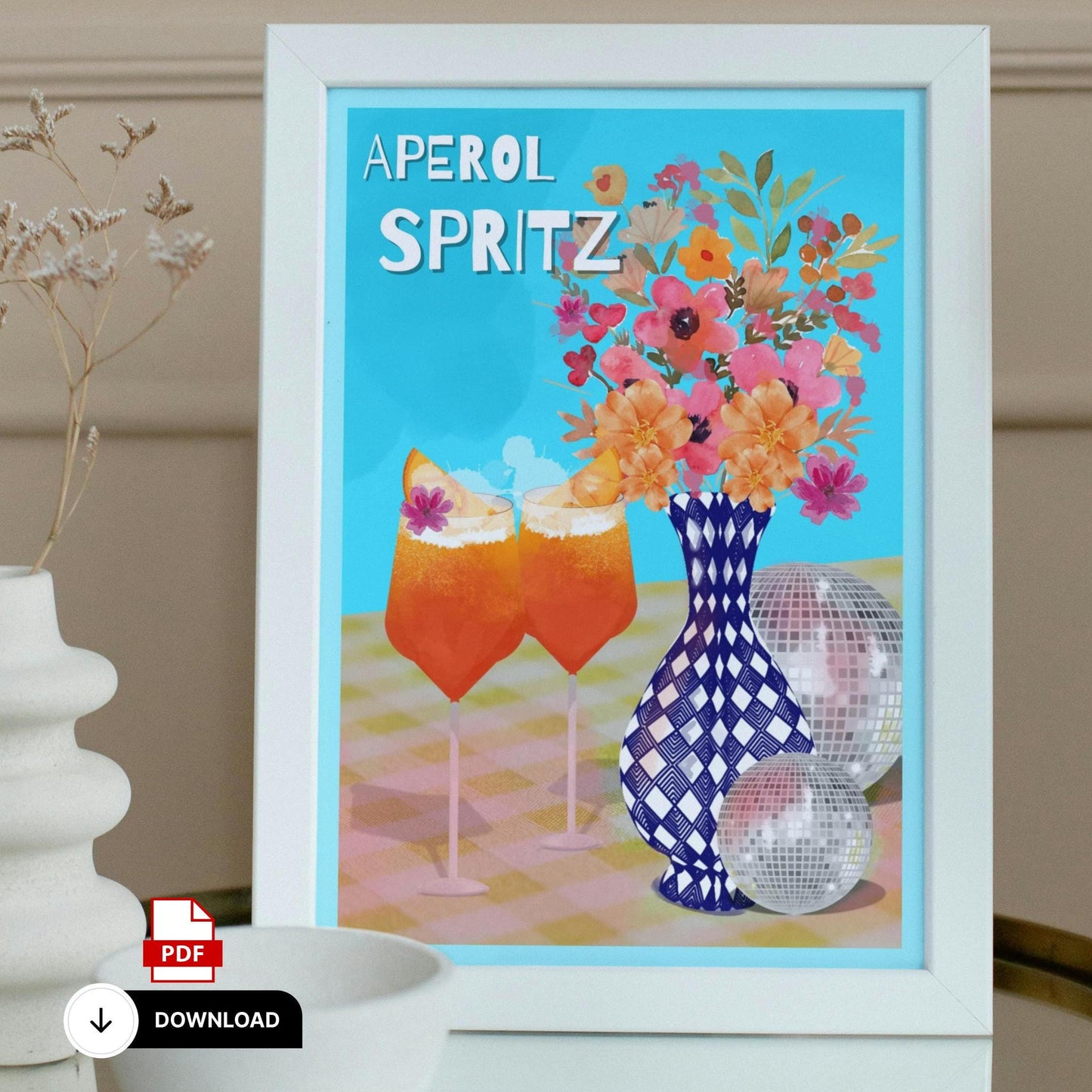 Aperol Spritz Digital Print | Maximalist Cocktail Wall Art | A4 Download | Bright Disco Ball Decor