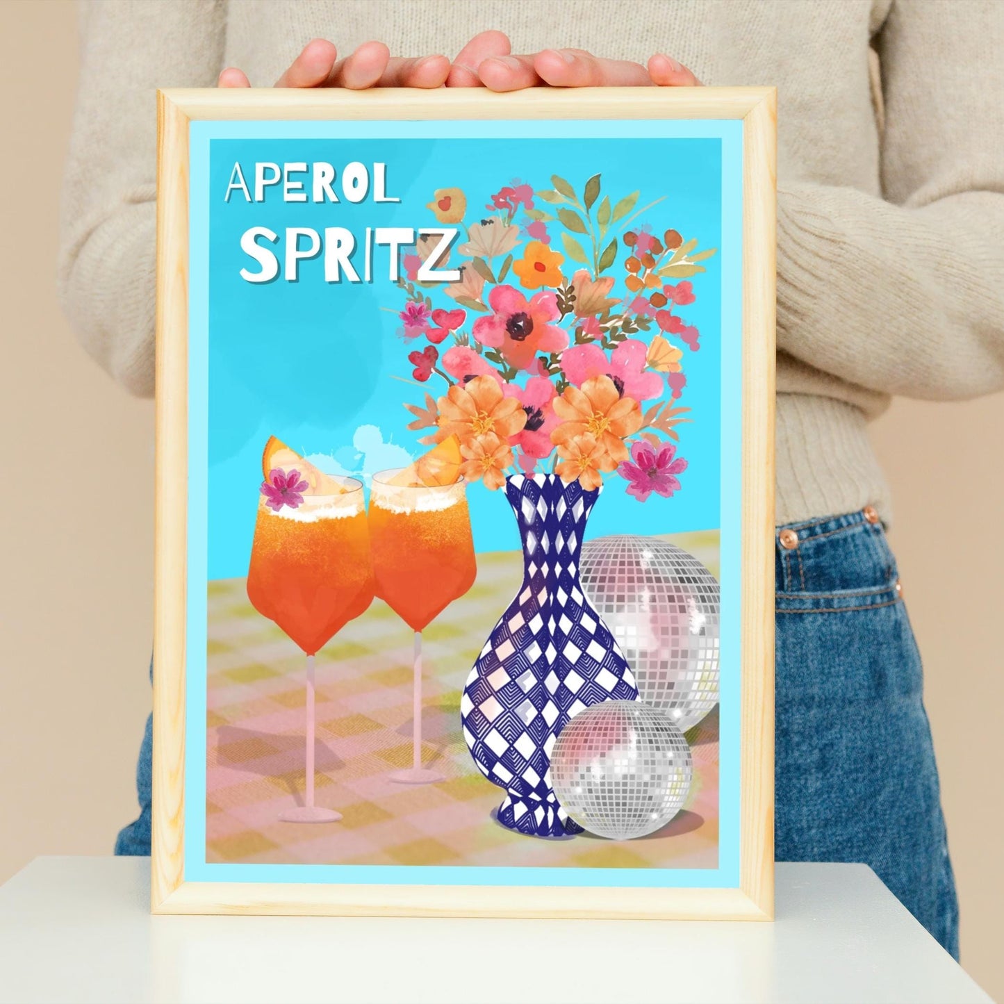 Aperol Spritz Digital Print | Maximalist Cocktail Wall Art | A4 Download | Bright Disco Ball Decor