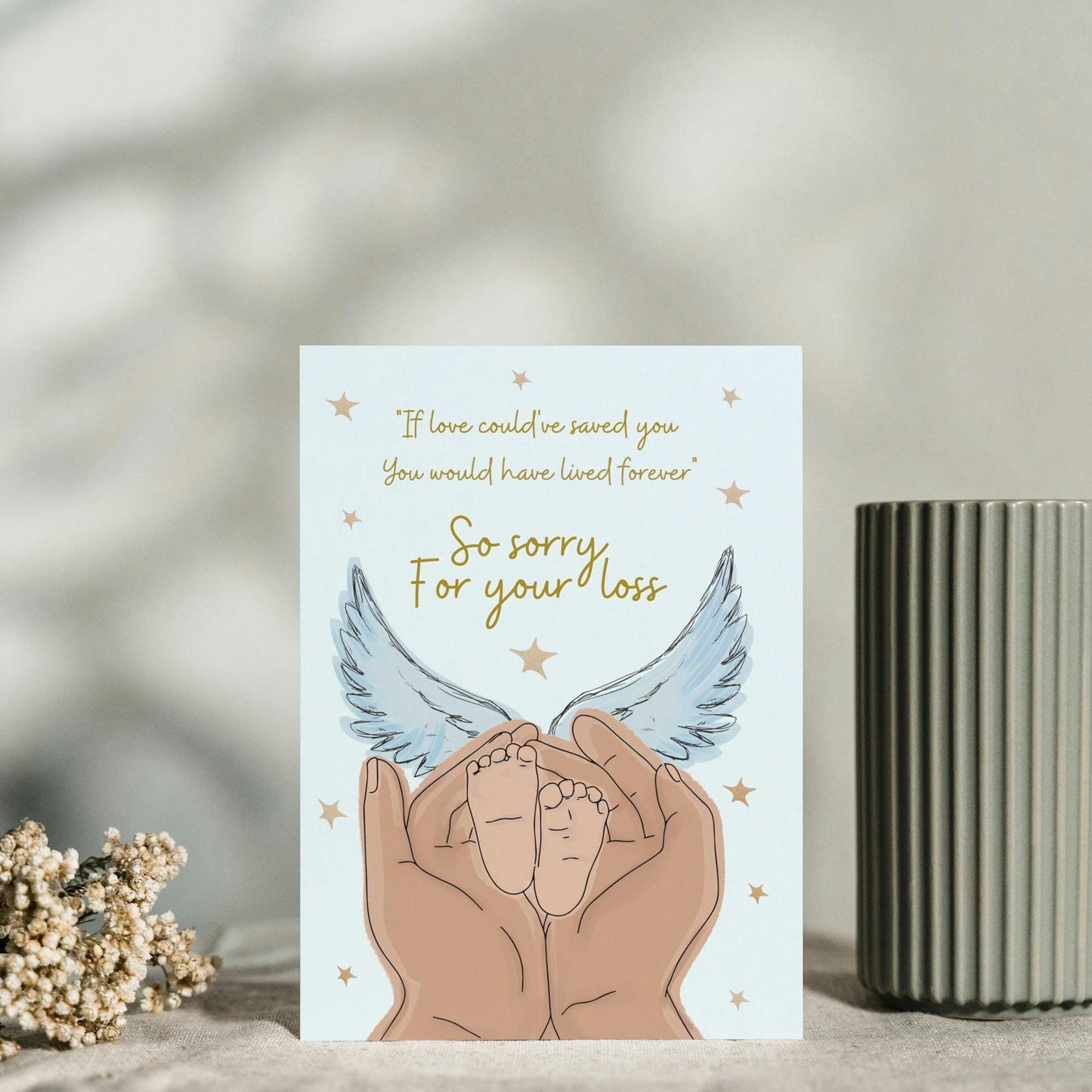 Heartfelt Stillbirth Condolence Card - "So Sorry for Your Loss" - Supportive Greetings for Baby Loss - angel wings illustration