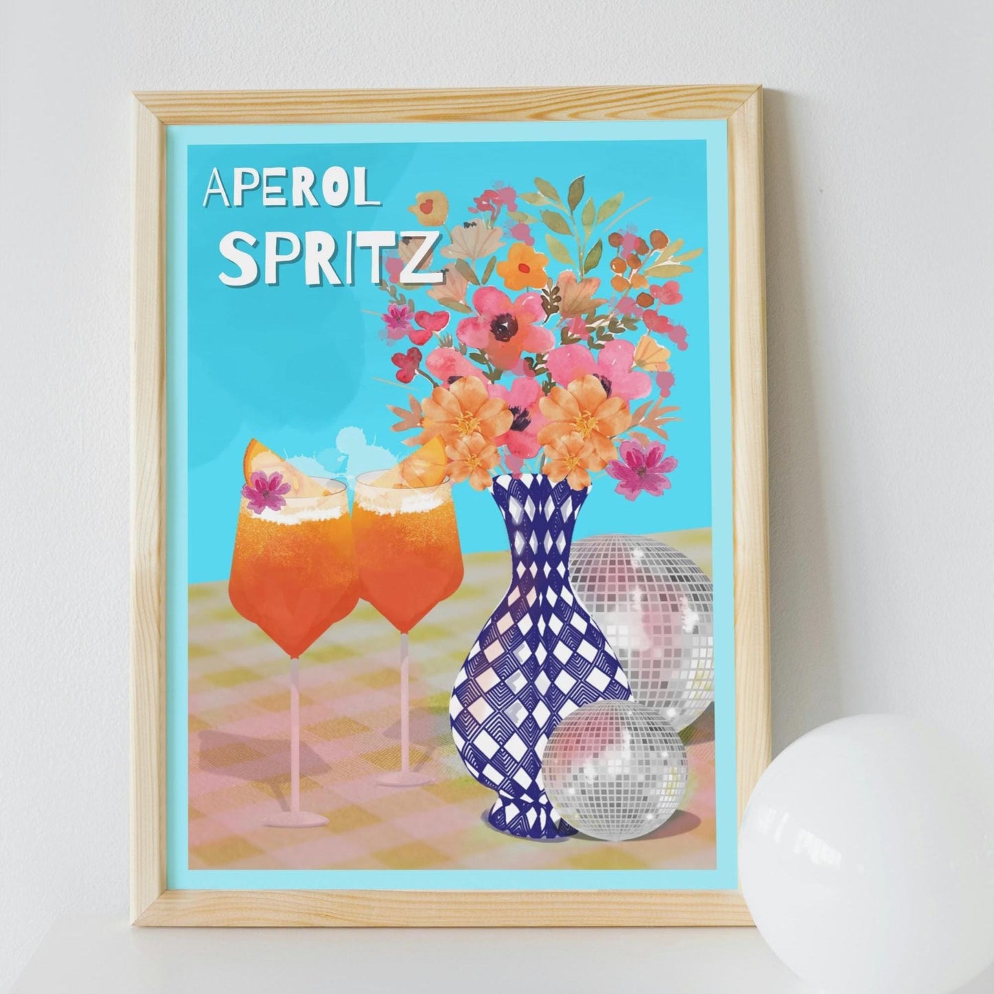 Aperol Spritz Digital Print | Maximalist Cocktail Wall Art | A4 Download | Bright Disco Ball Decor