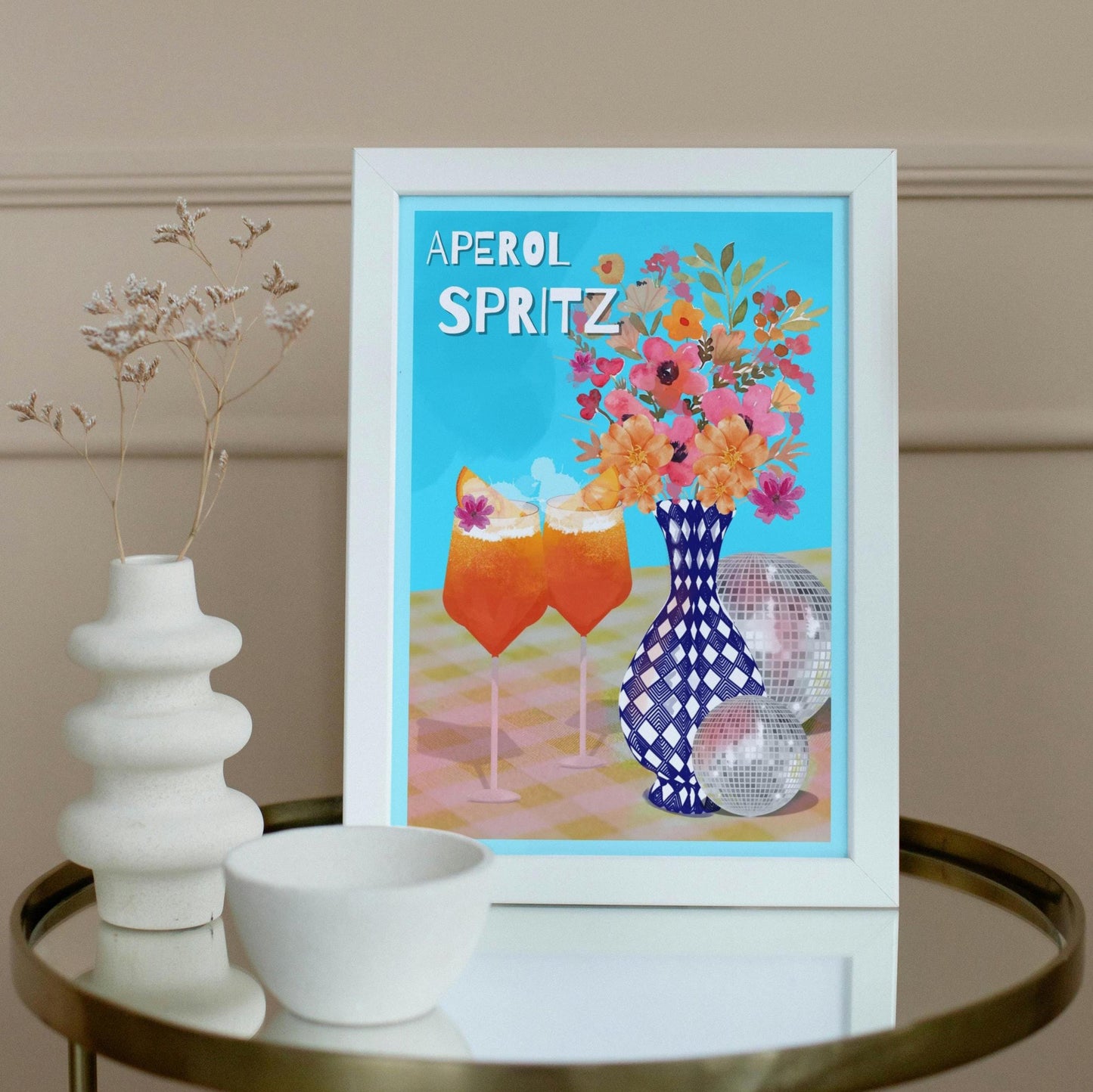 Aperol Spritz Digital Print | Maximalist Cocktail Wall Art | A4 Download | Bright Disco Ball Decor