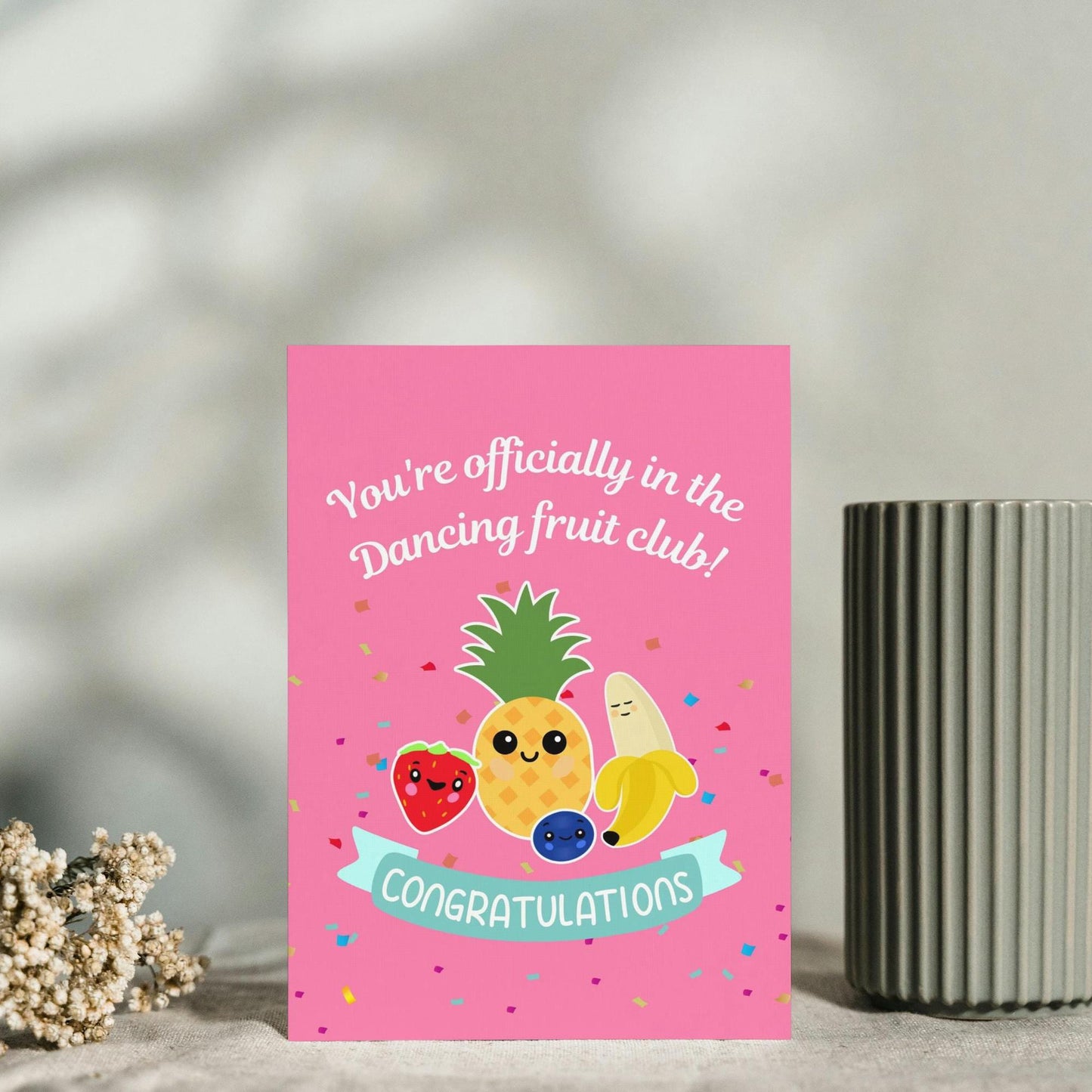 Viral Dancing Fruit Baby Congratulations Card | Perfect for Mum-to-Be | Adorable Pink Greeting Card for Him & Her | New Baby Wishes