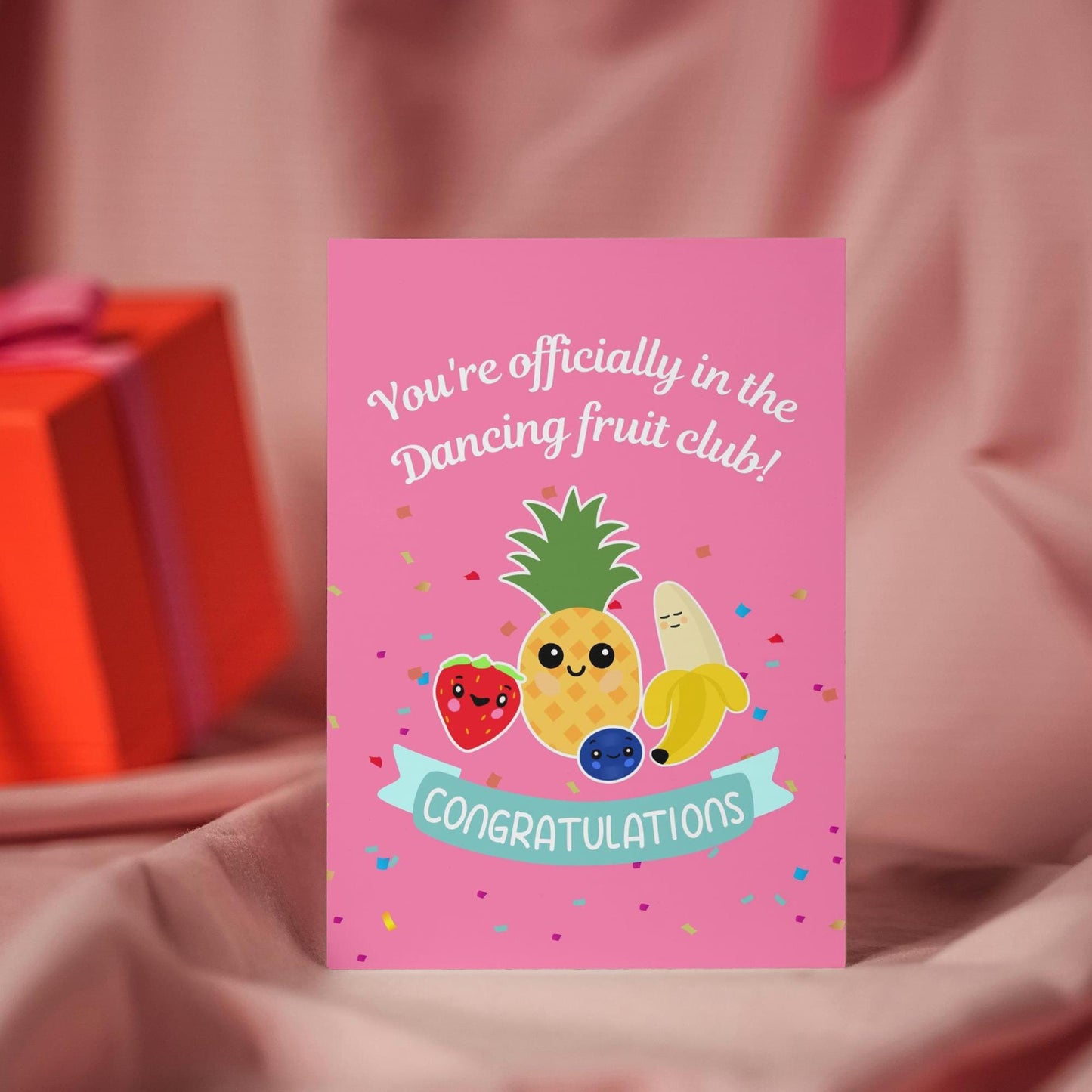 Viral Dancing Fruit Baby Congratulations Card | Perfect for Mum-to-Be | Adorable Pink Greeting Card for Him & Her | New Baby Wishes