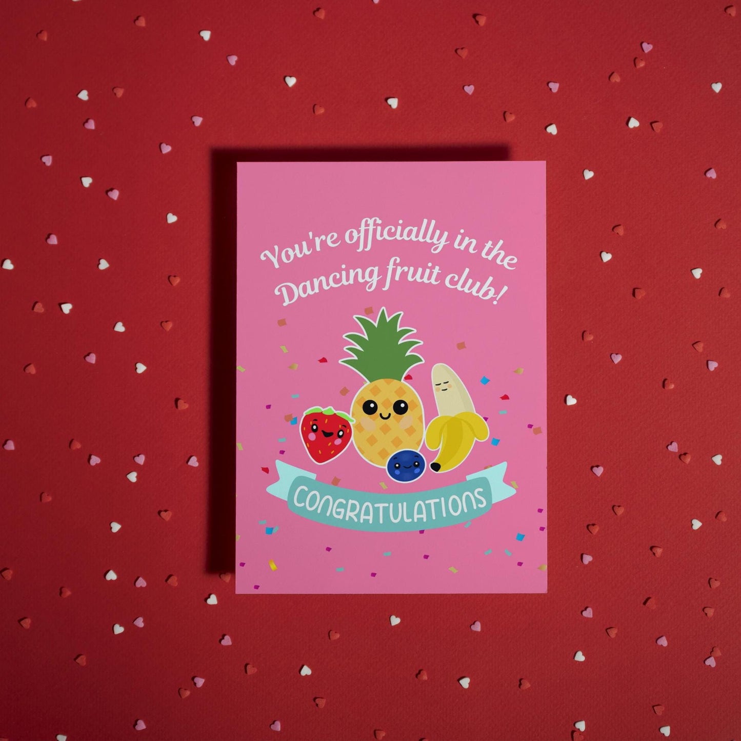 Viral Dancing Fruit Baby Congratulations Card | Perfect for Mum-to-Be | Adorable Pink Greeting Card for Him & Her | New Baby Wishes