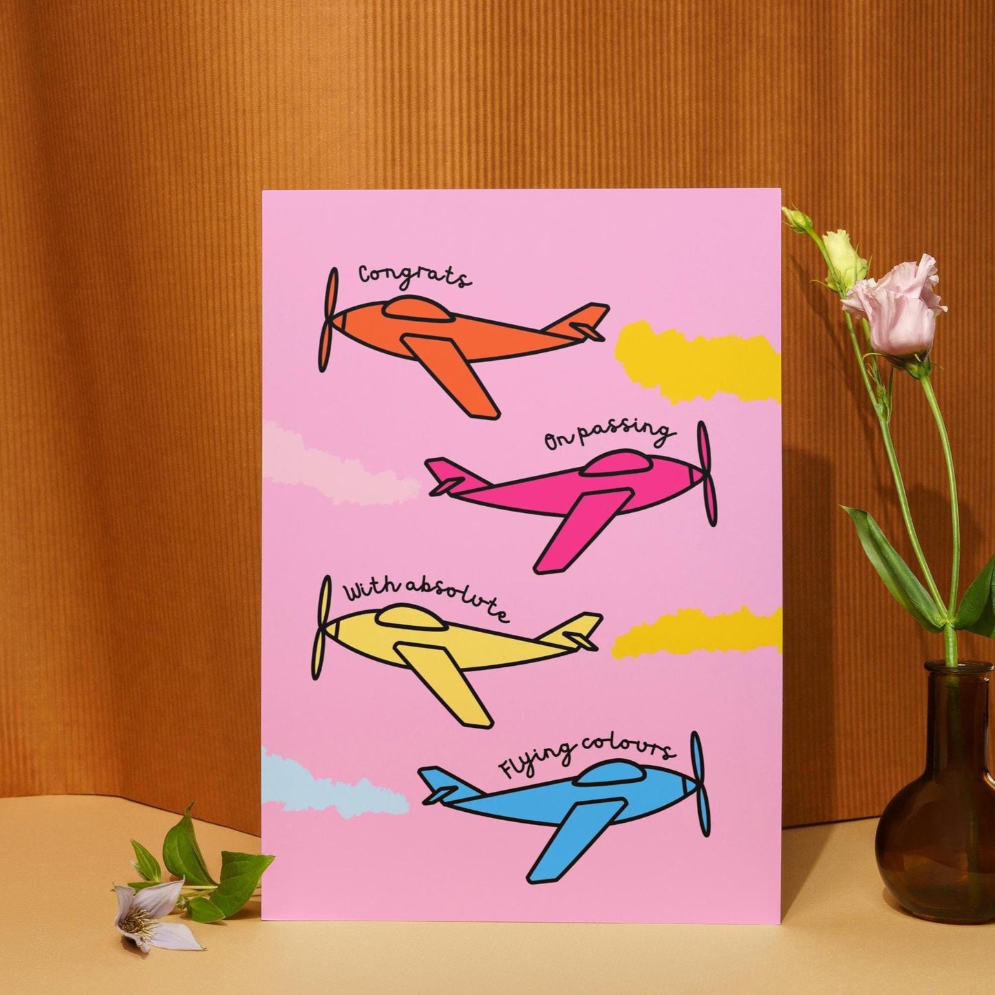 Exam Congratulations Card - Passing with Flying Colours - Cute Colourful Planes Design - Greeting Card