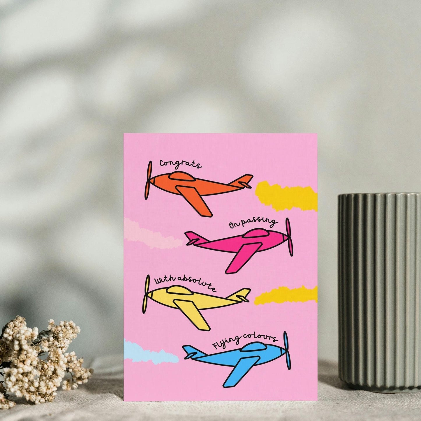 Exam Congratulations Card - Passing with Flying Colours - Cute Colourful Planes Design - Greeting Card