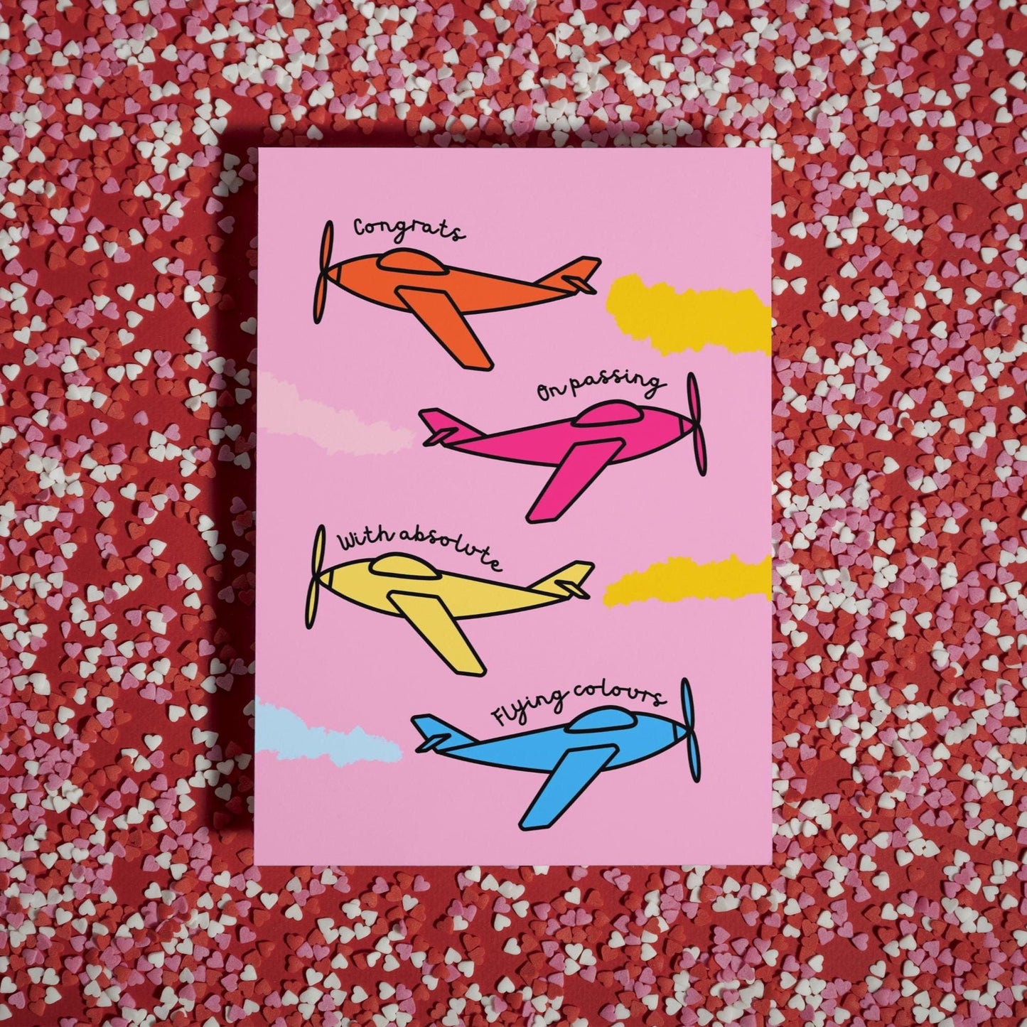 Exam Congratulations Card - Passing with Flying Colours - Cute Colourful Planes Design - Greeting Card