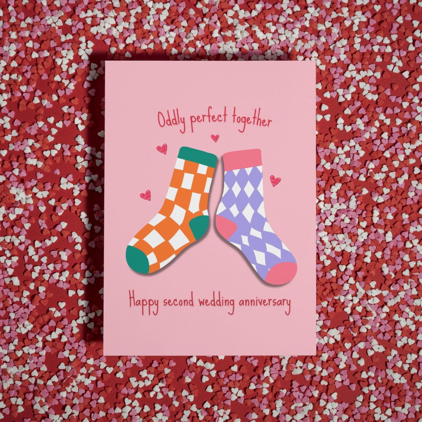 Cute Second Wedding Anniversary Card - Traditional Cotton Gift - Odd Sock Design for Wife or Husband - Heartwarming Greeting Card