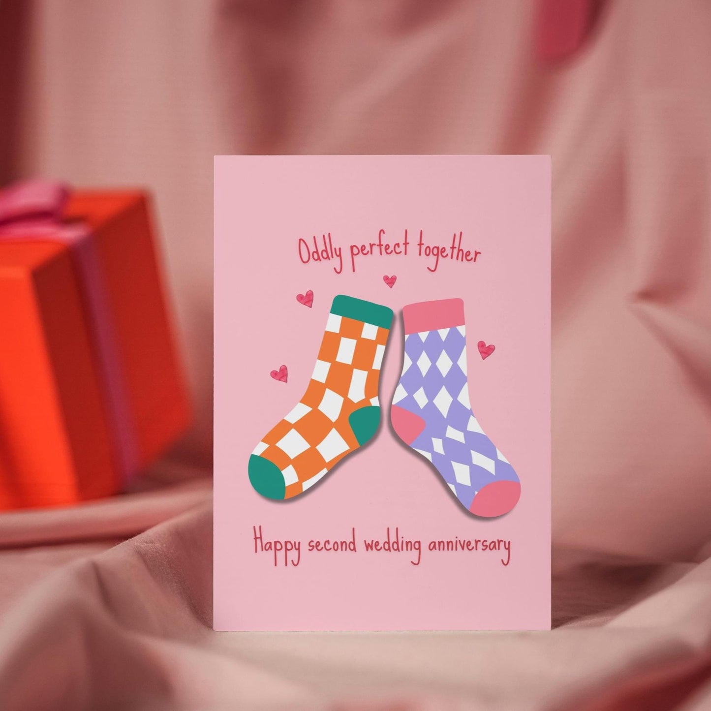 Cute Second Wedding Anniversary Card - Traditional Cotton Gift - Odd Sock Design for Wife or Husband - Heartwarming Greeting Card