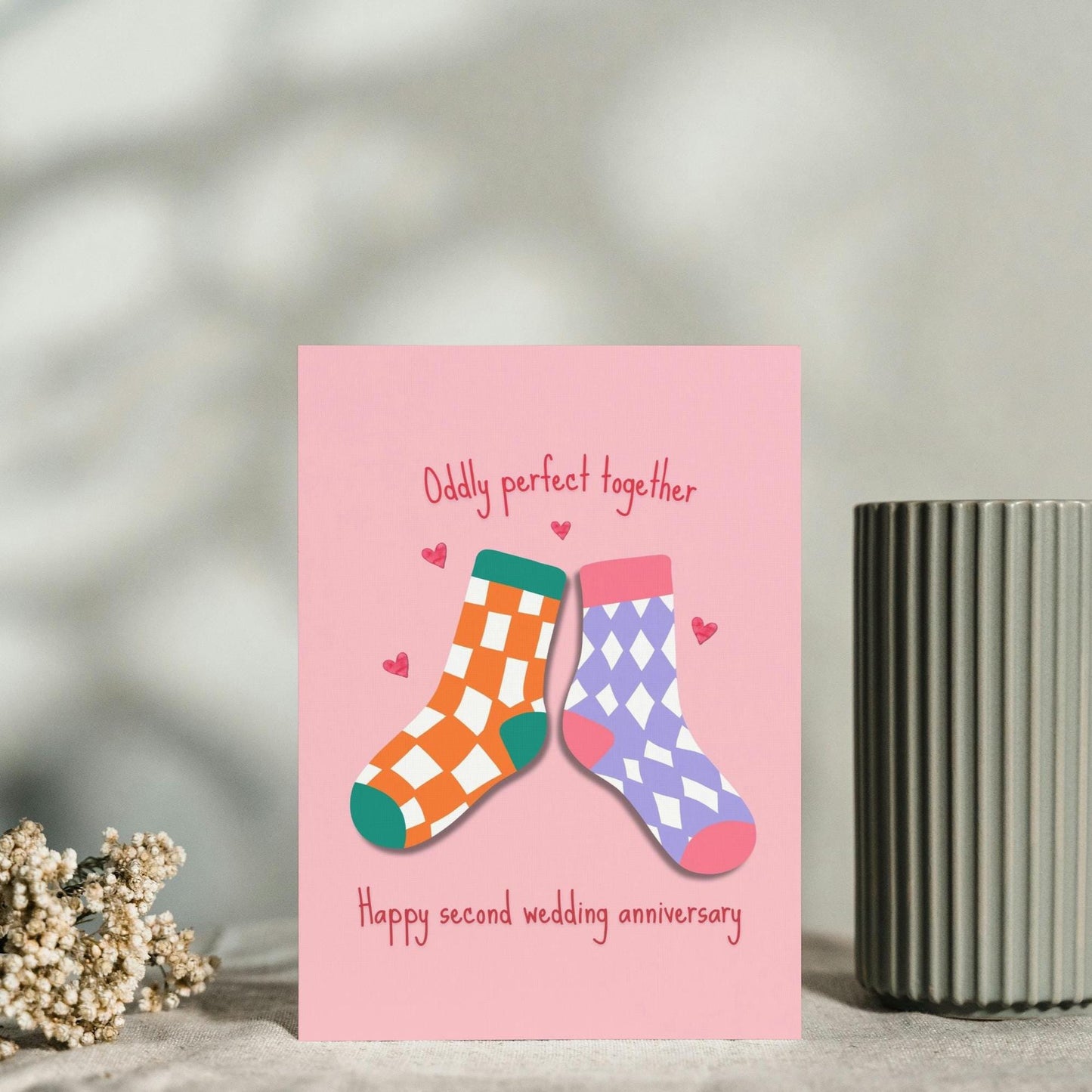 Cute Second Wedding Anniversary Card - Traditional Cotton Gift - Odd Sock Design for Wife or Husband - Heartwarming Greeting Card