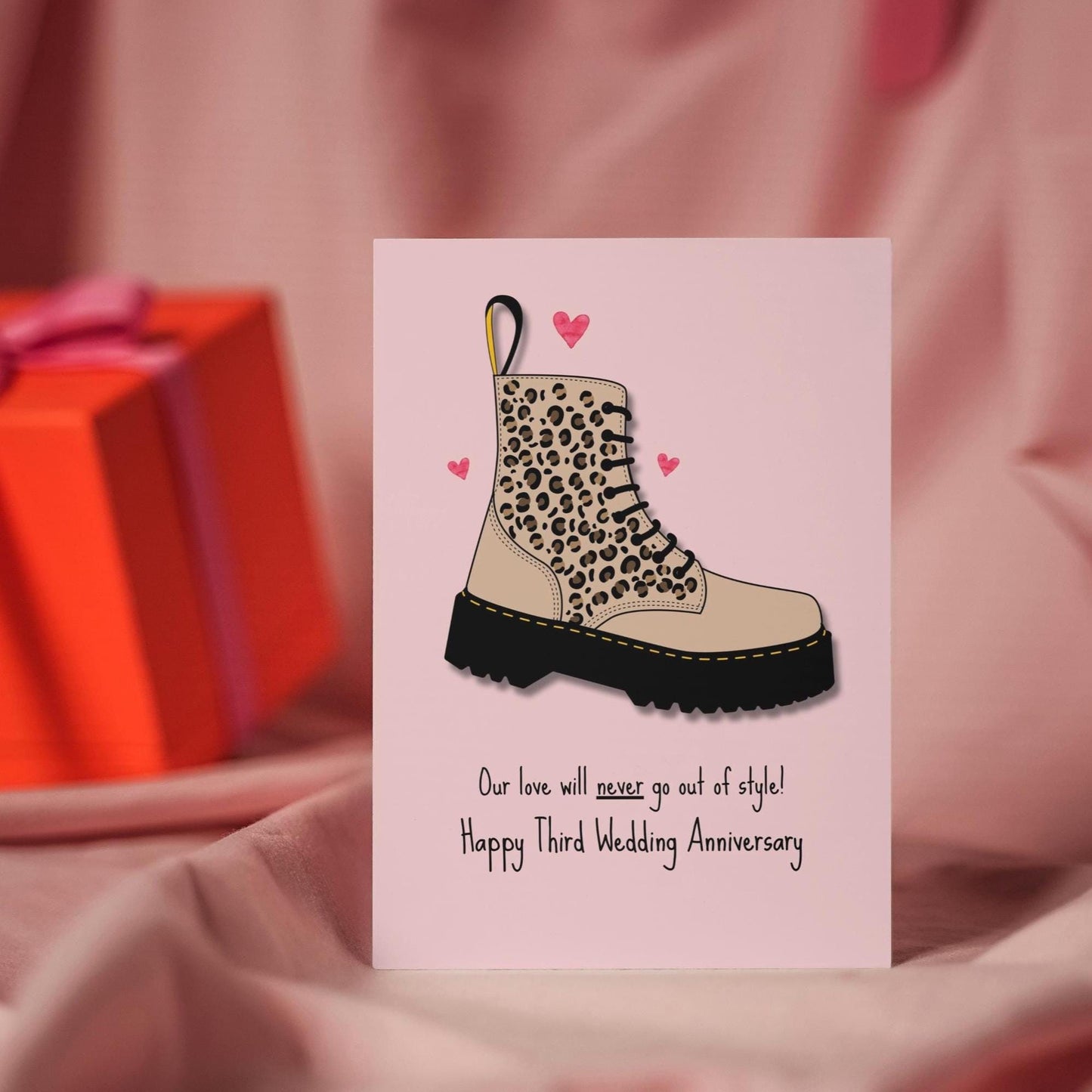 Unique Third Wedding Anniversary Card - Dr Martens Design | Leopard Print | Leather Anniversary | Card for Husband or Wife