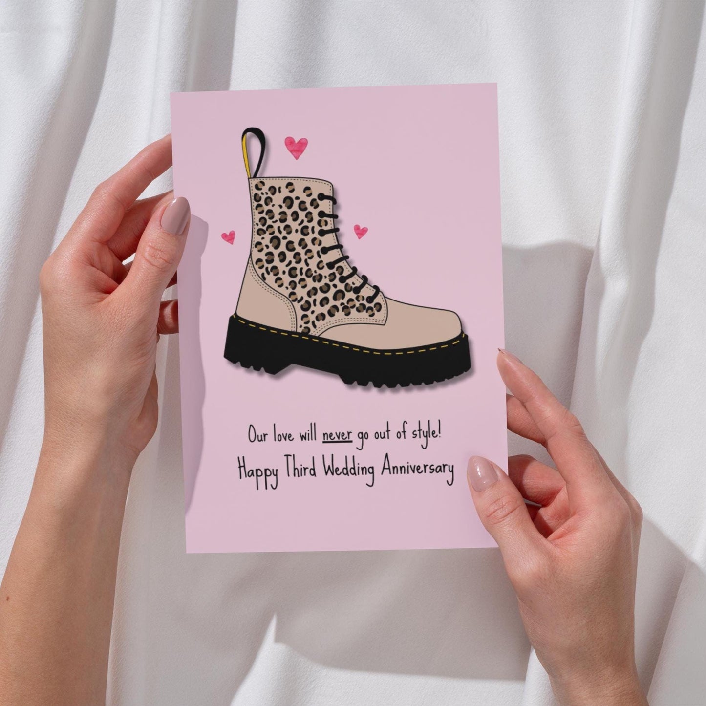 Unique Third Wedding Anniversary Card - Dr Martens Design | Leopard Print | Leather Anniversary | Card for Husband or Wife